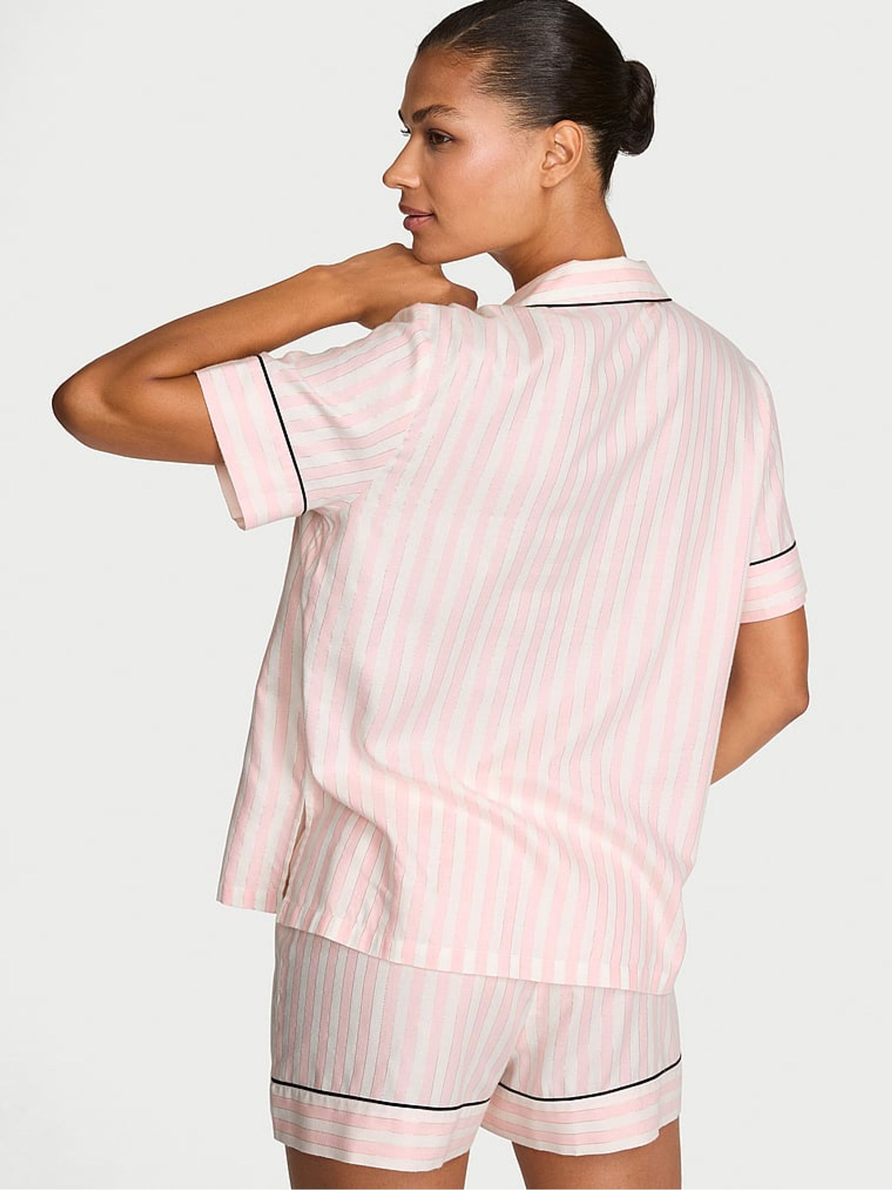 Pretty Blossom Pink Iconic Stripe Flannel Shorts Pyjama Set - Image 2 of 2 Pretty Blossom Pink Iconic Stripe Flannel Shorts Pyjama Set - Image 2 of 2