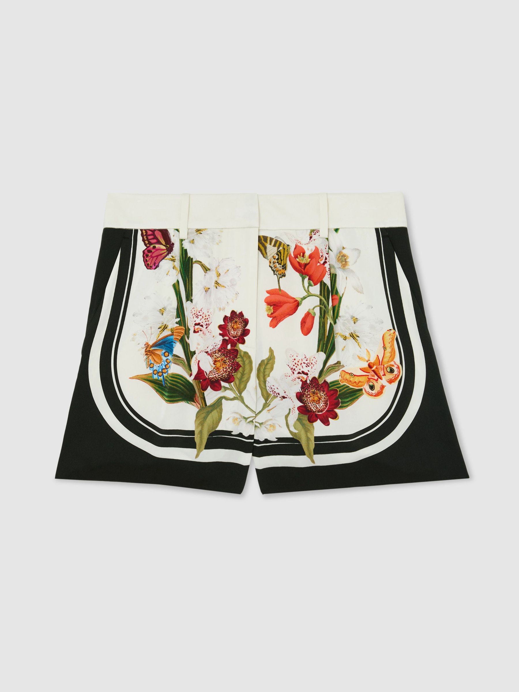 Reiss | NYBG Scarf-Print Shorts in Ivory/Black - Image 2 of 6 Reiss | NYBG Scarf-Print Shorts in Ivory/Black - Image 2 of 6