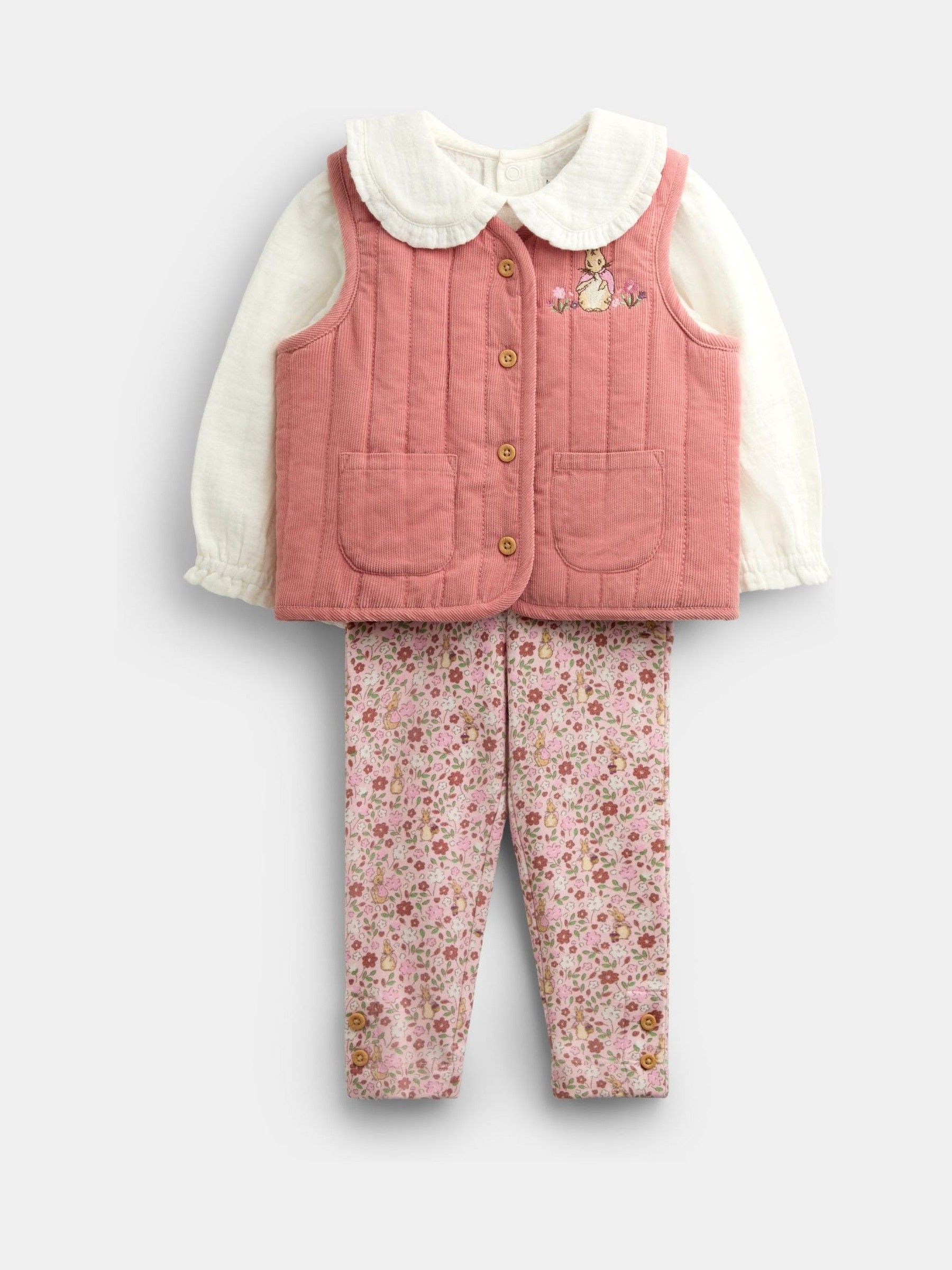 Rose Pink Peter Rabbit Flopsy Bunny Blouse, Legging & Gilet Baby Set - Image 3 of 11
