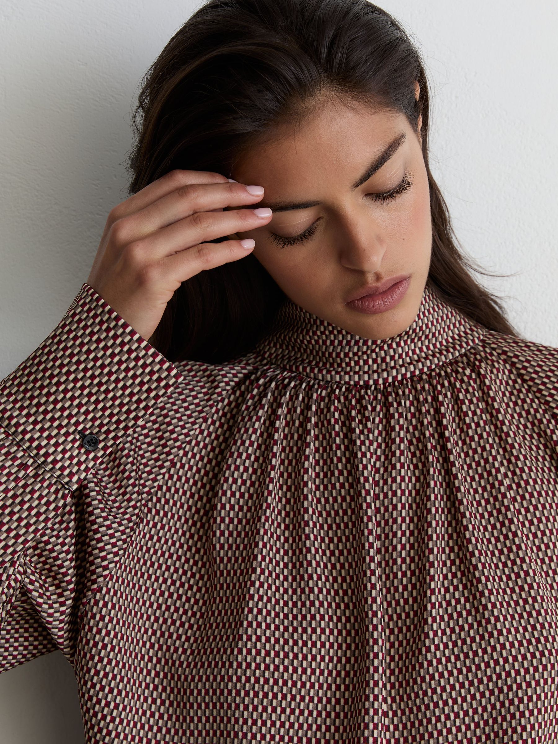 Geometric-Print Tie-Neck Blouse in Red - Image 1 of 7