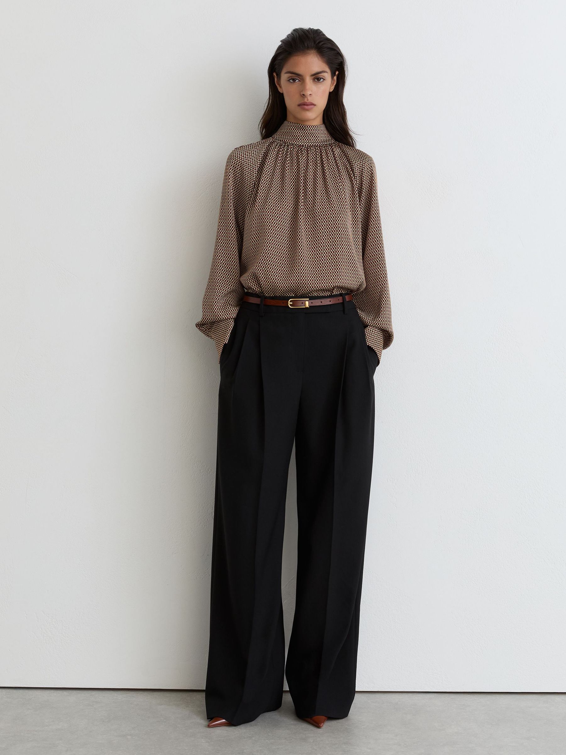 Geometric-Print Tie-Neck Blouse in Red - Image 3 of 7