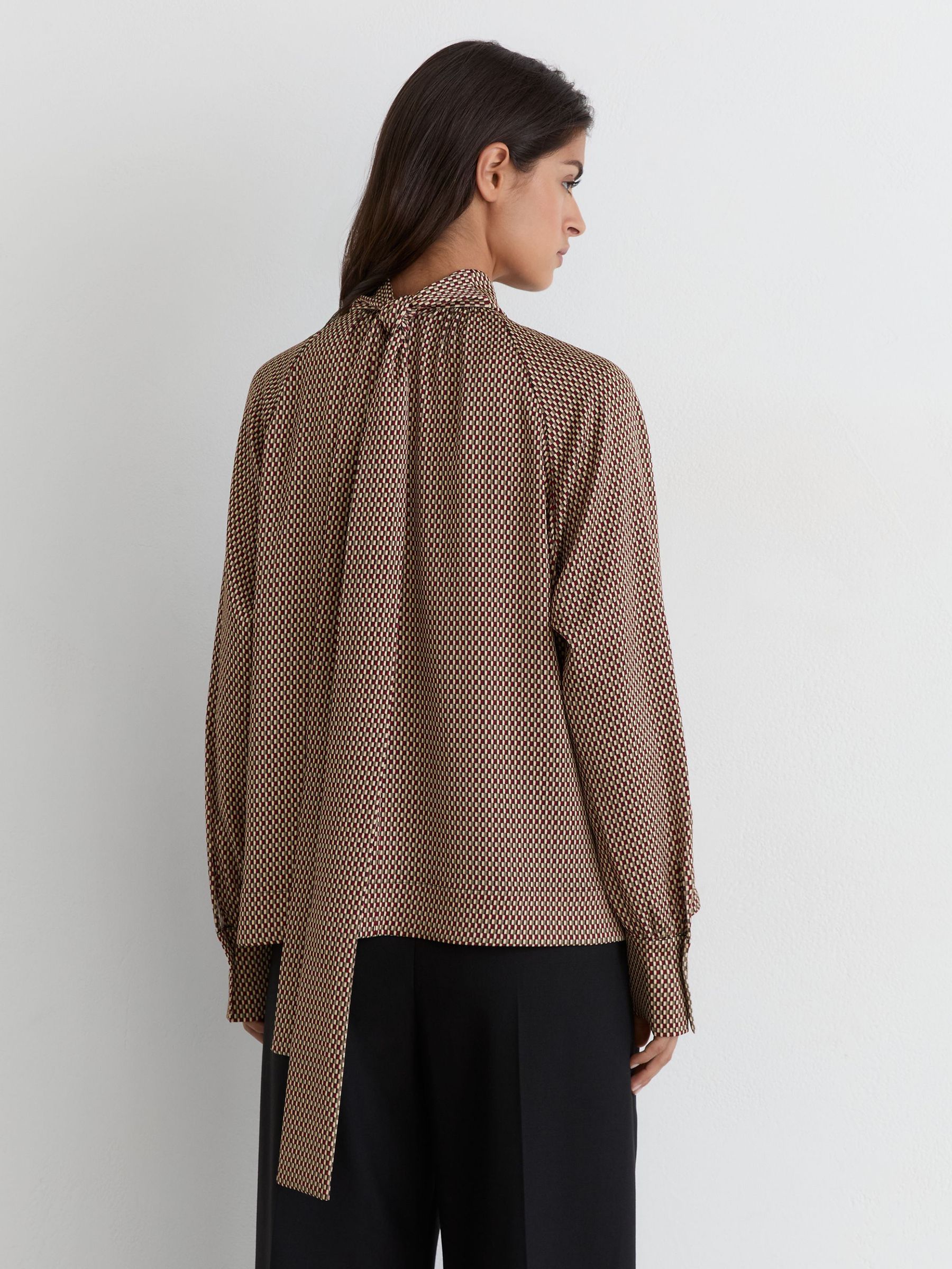 Geometric-Print Tie-Neck Blouse in Red - Image 4 of 7