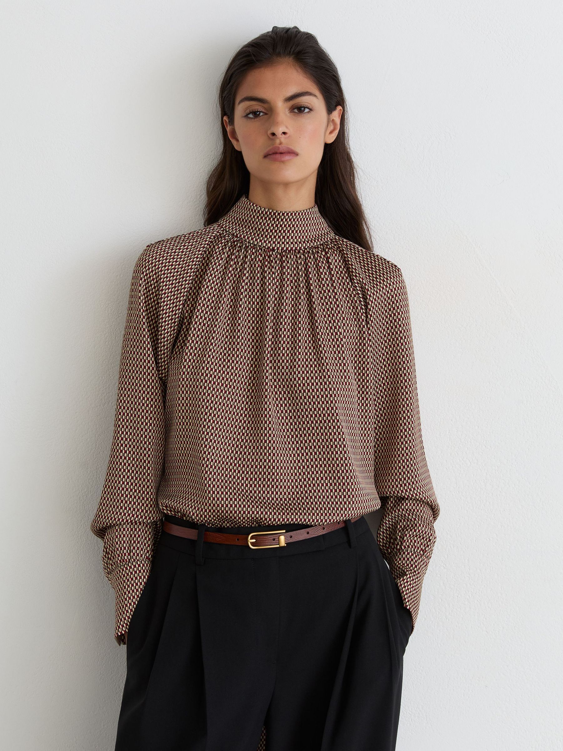 Geometric-Print Tie-Neck Blouse in Red - Image 5 of 7