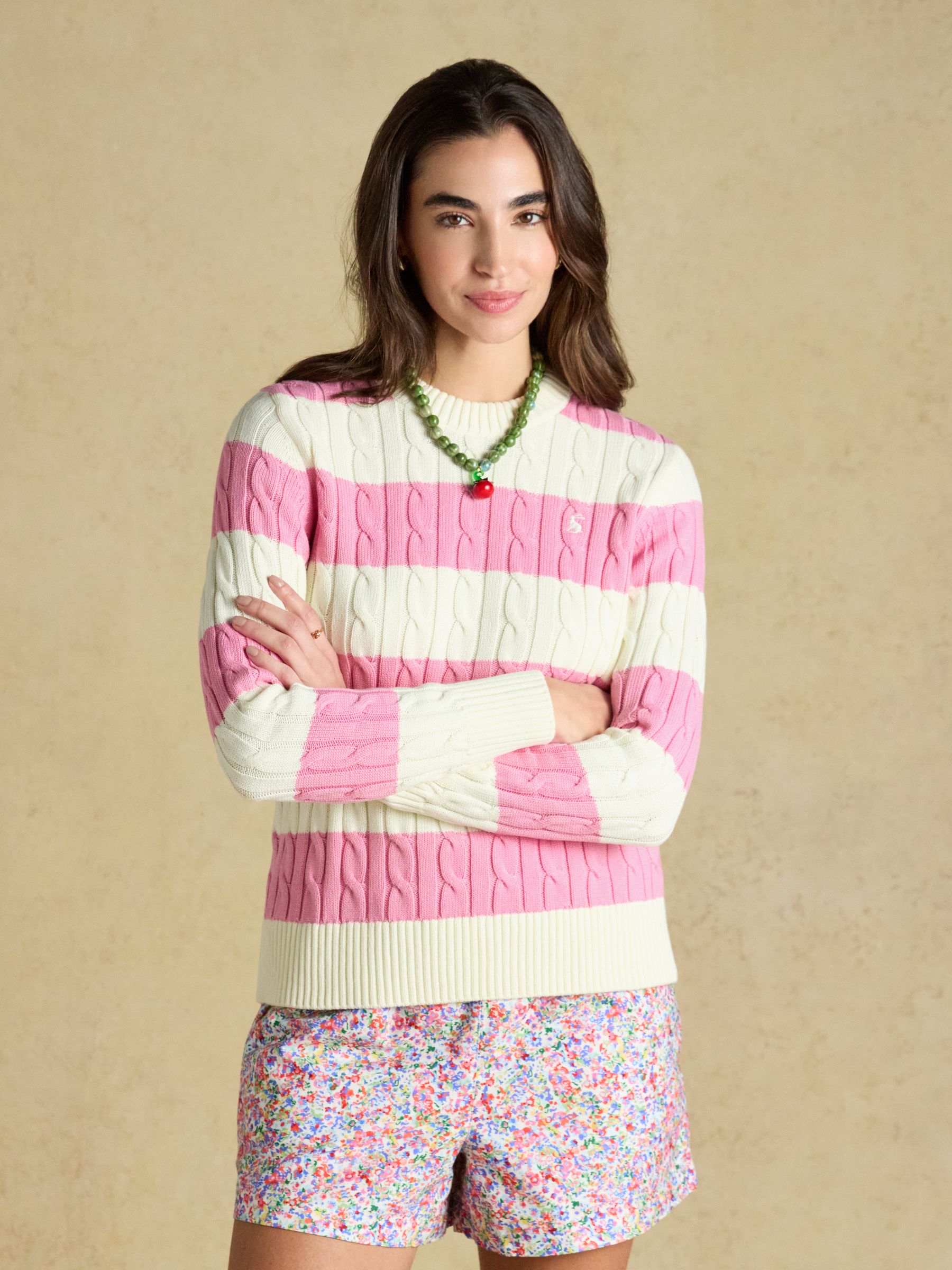 Cream & Pink Striped Classic Crew Neck Cotton Cable Knit Jumper - Image 1 of 7