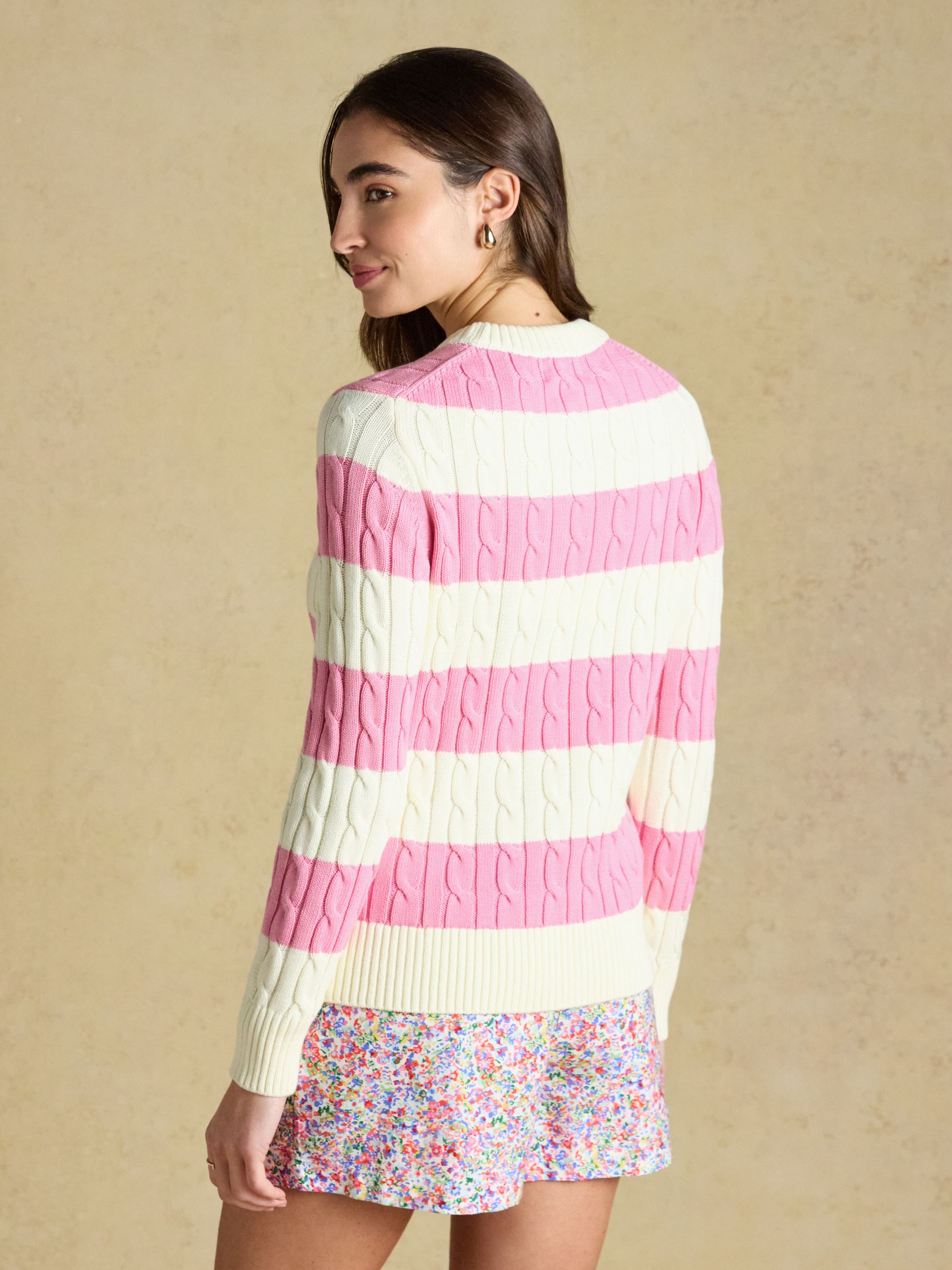 Cream & Pink Striped Classic Crew Neck Cotton Cable Knit Jumper - Image 2 of 7