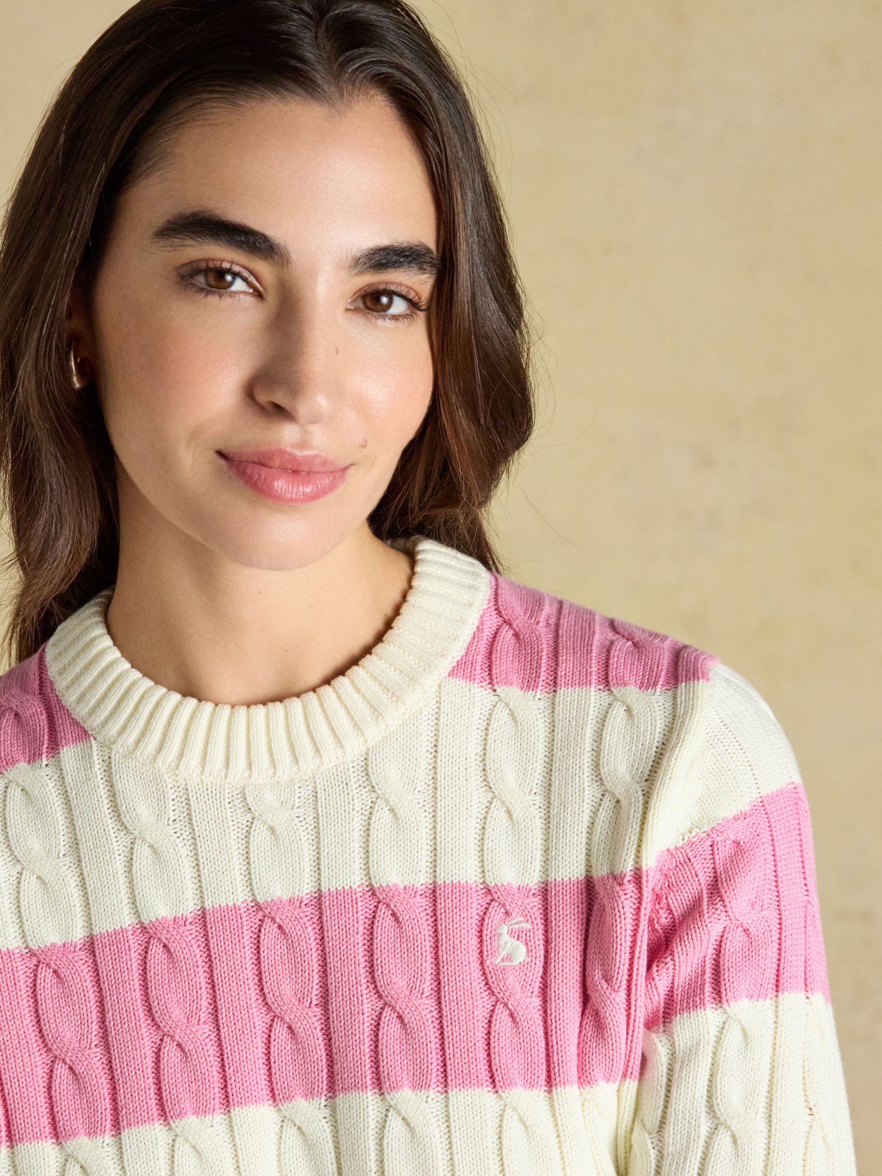 Cream & Pink Striped Classic Crew Neck Cotton Cable Knit Jumper - Image 3 of 7