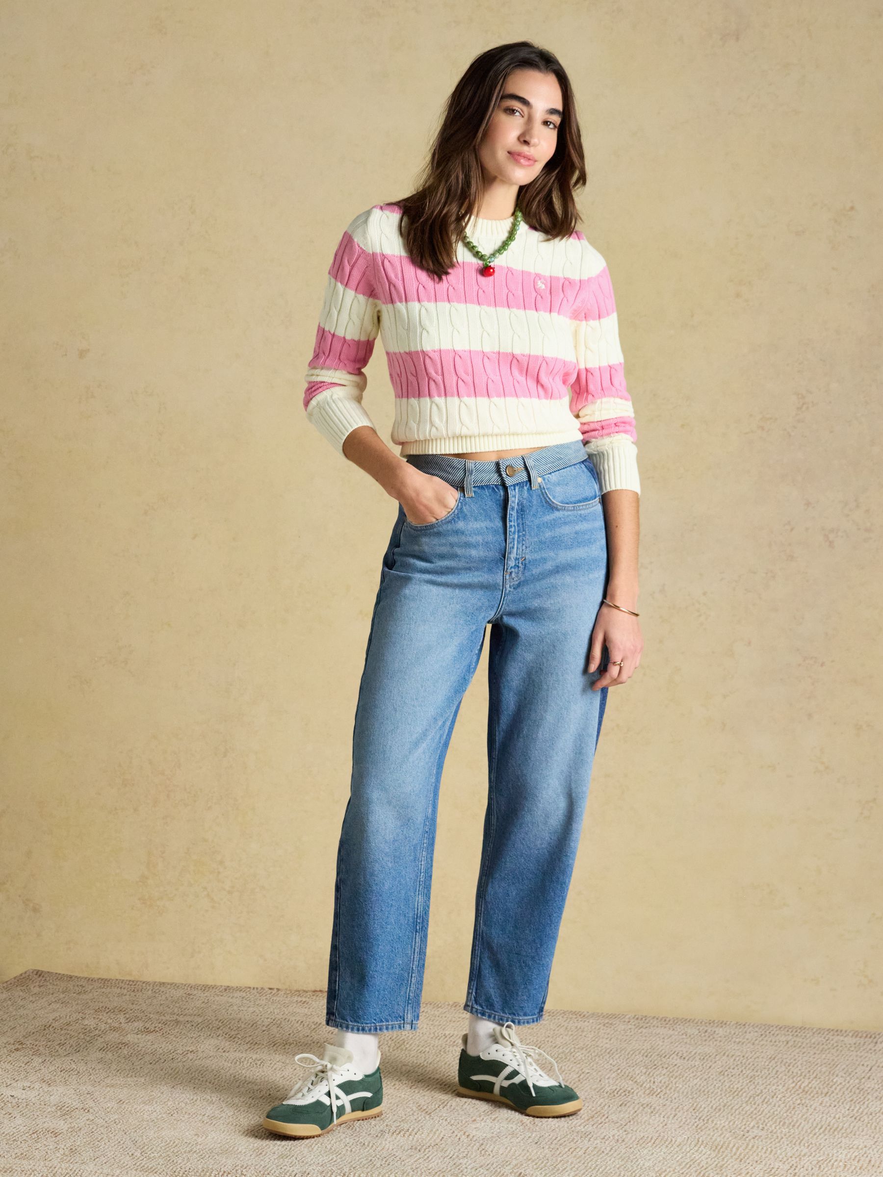 Cream & Pink Striped Classic Crew Neck Cotton Cable Knit Jumper - Image 6 of 7