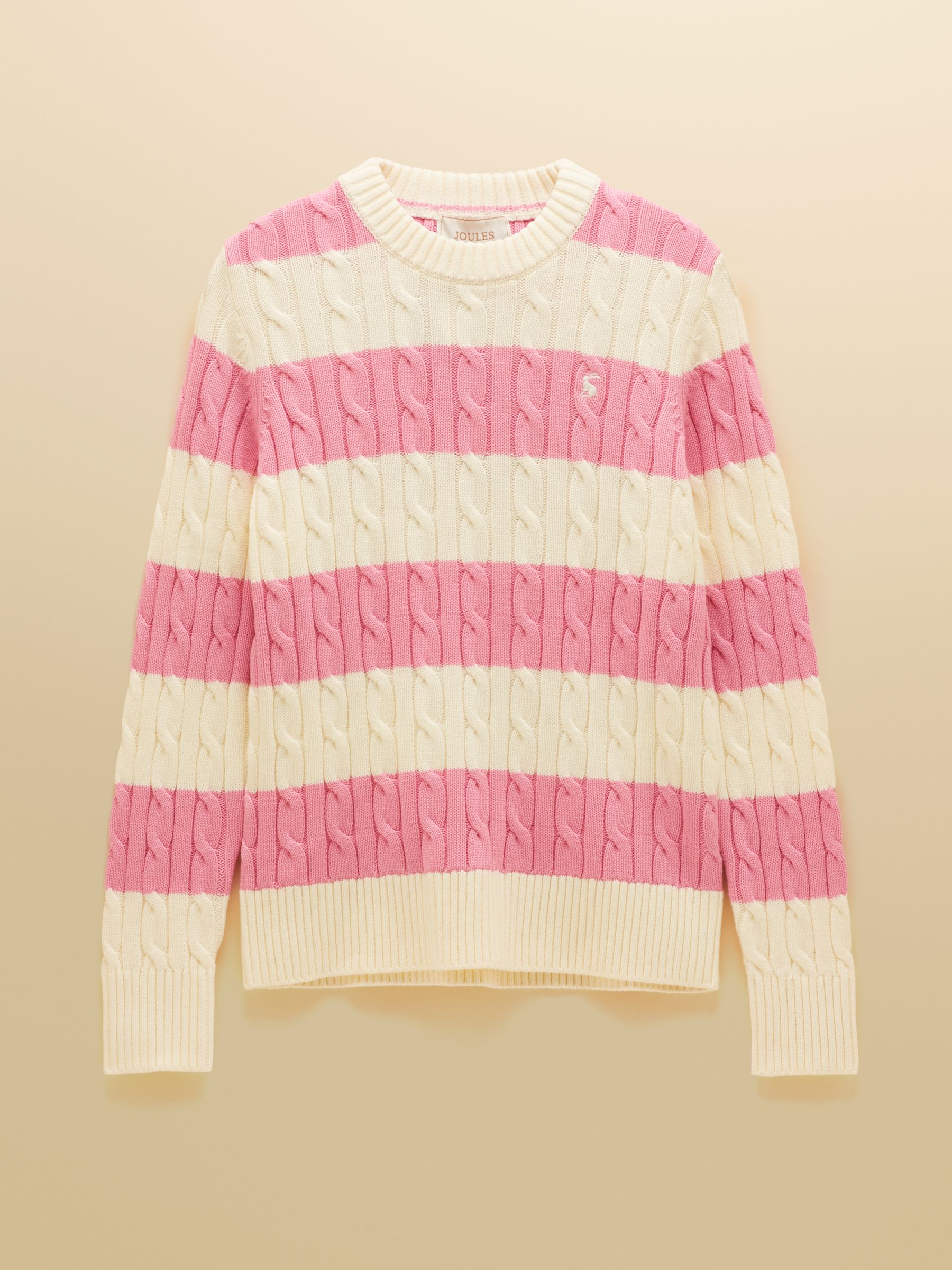 Cream & Pink Striped Classic Crew Neck Cotton Cable Knit Jumper - Image 7 of 7