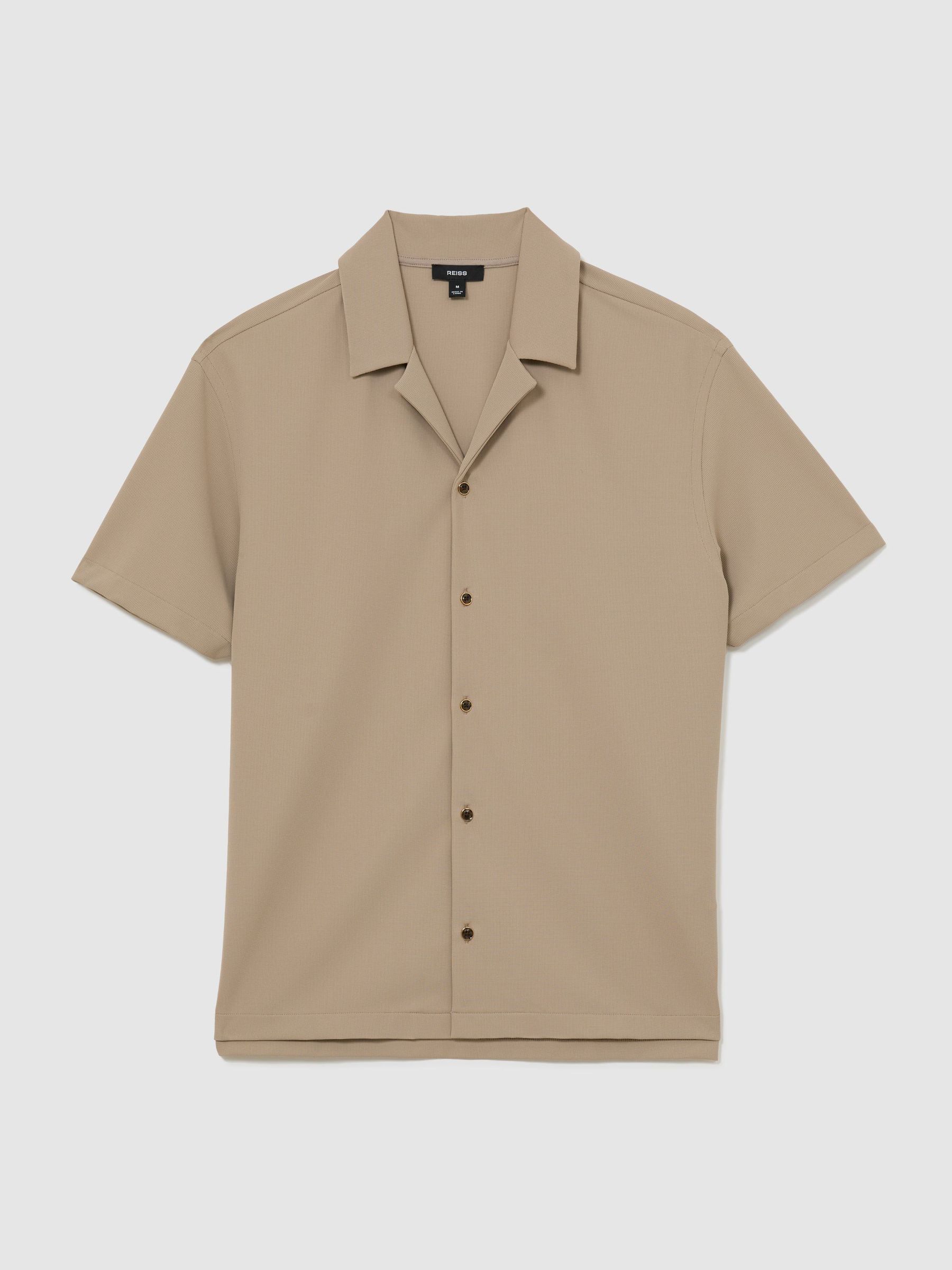 Stretch Textured Cuban-Collar Shirt in Stone - Image 2 of 6 Stretch Textured Cuban-Collar Shirt in Stone - Image 2 of 6