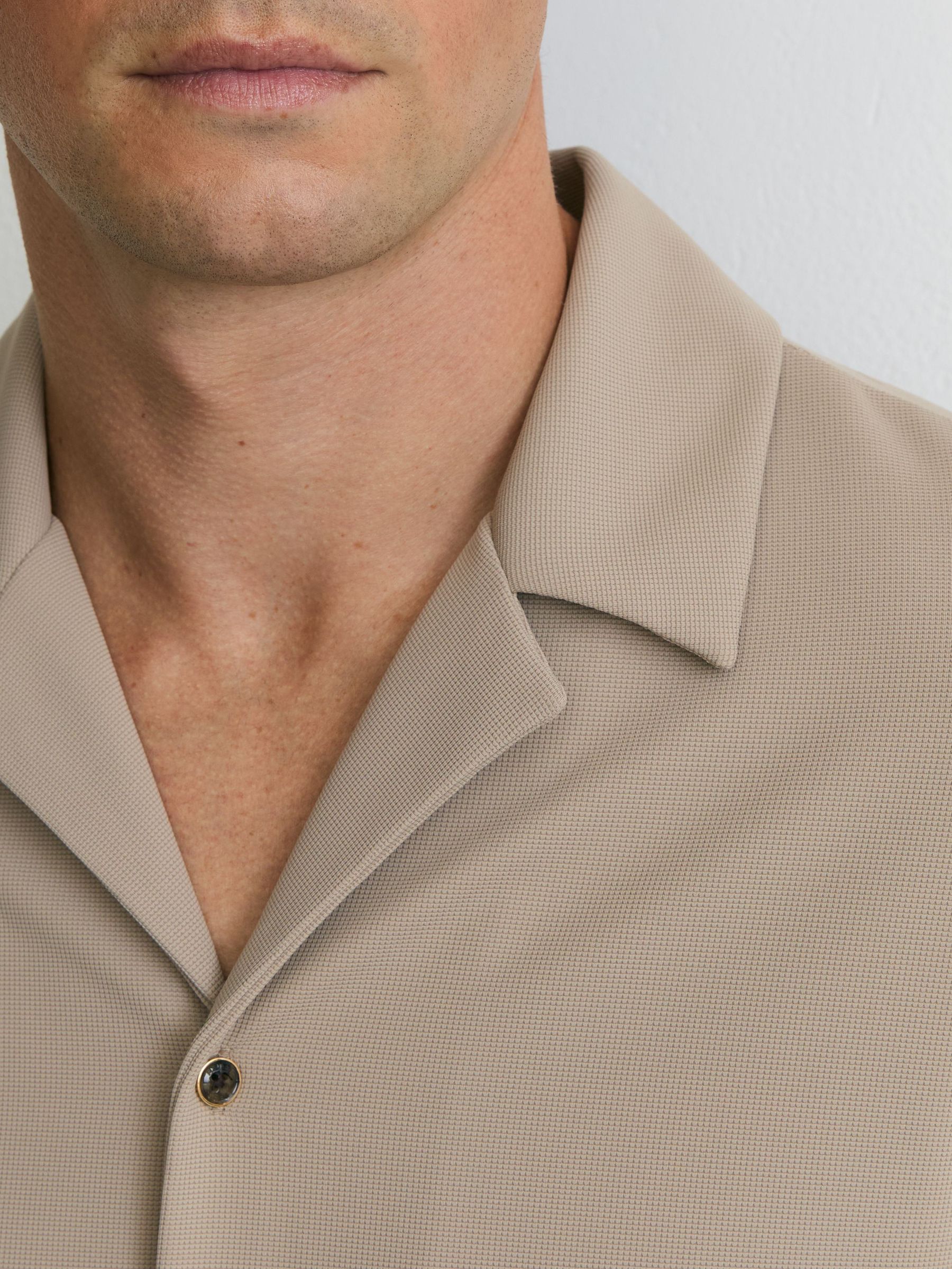 Stretch Textured Cuban-Collar Shirt in Stone - Image 3 of 6