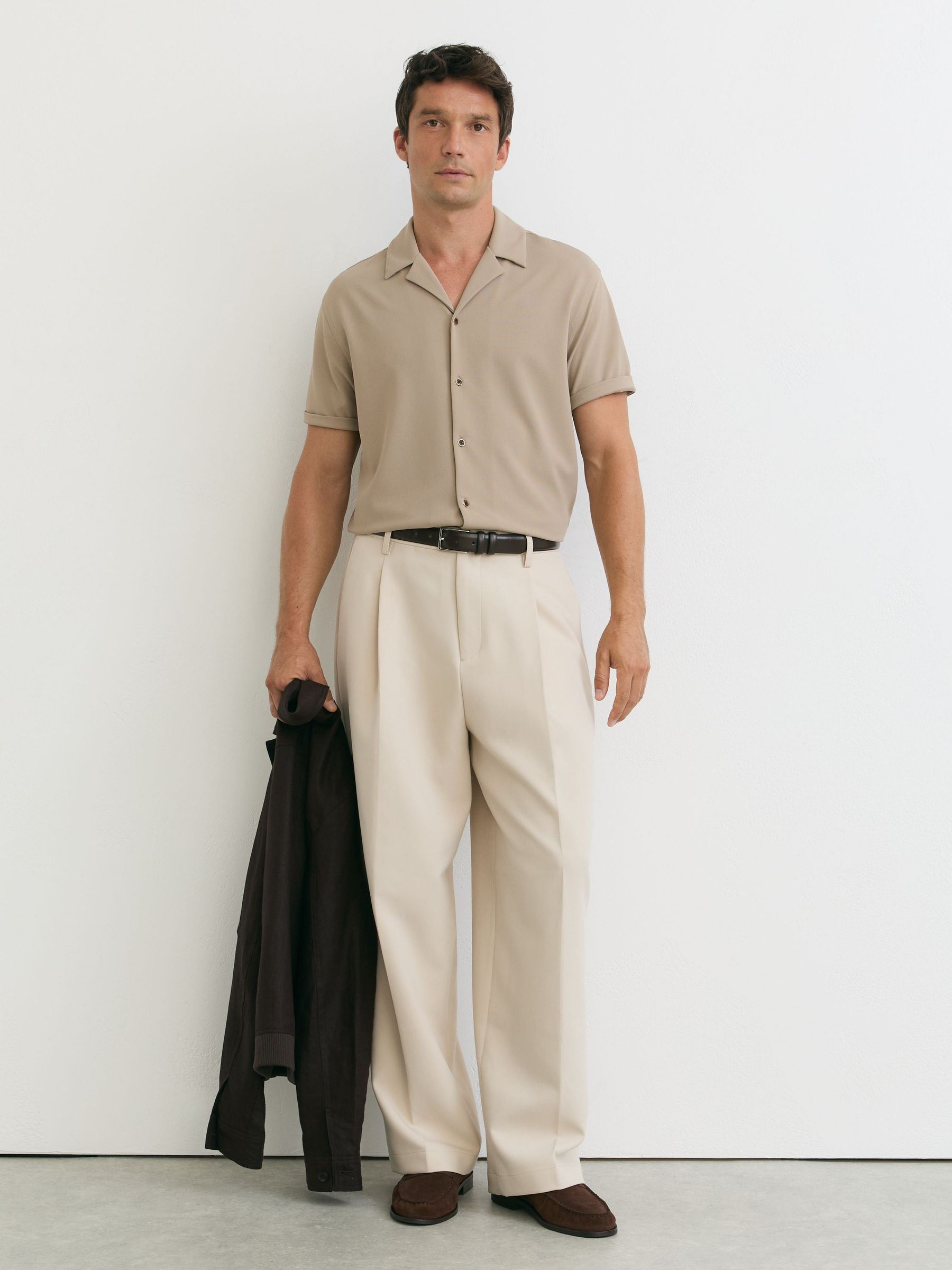 Stretch Textured Cuban-Collar Shirt in Stone - Image 4 of 6