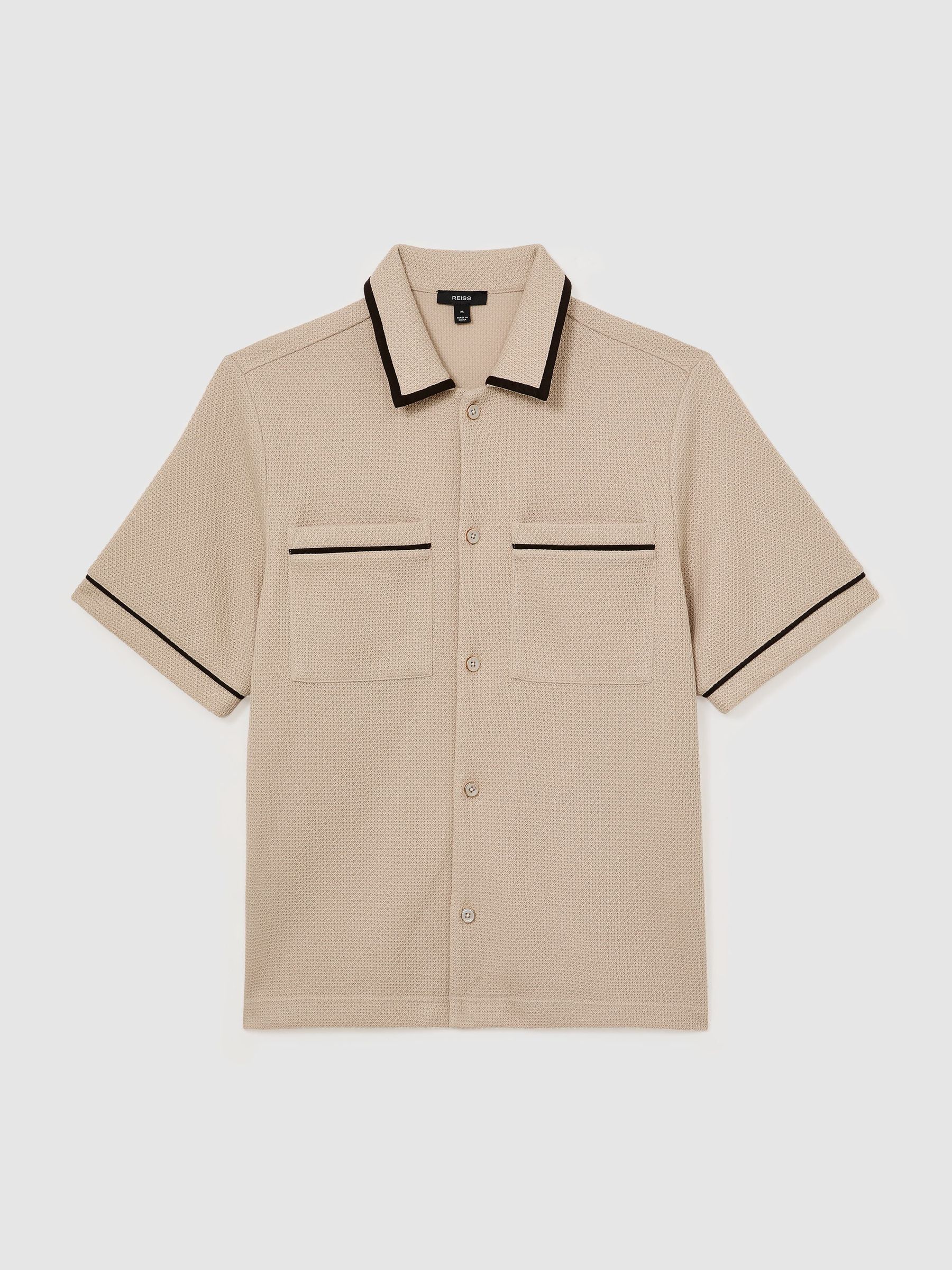 Textured Piped Short-Sleeve Shirt in Stone - Image 2 of 6
