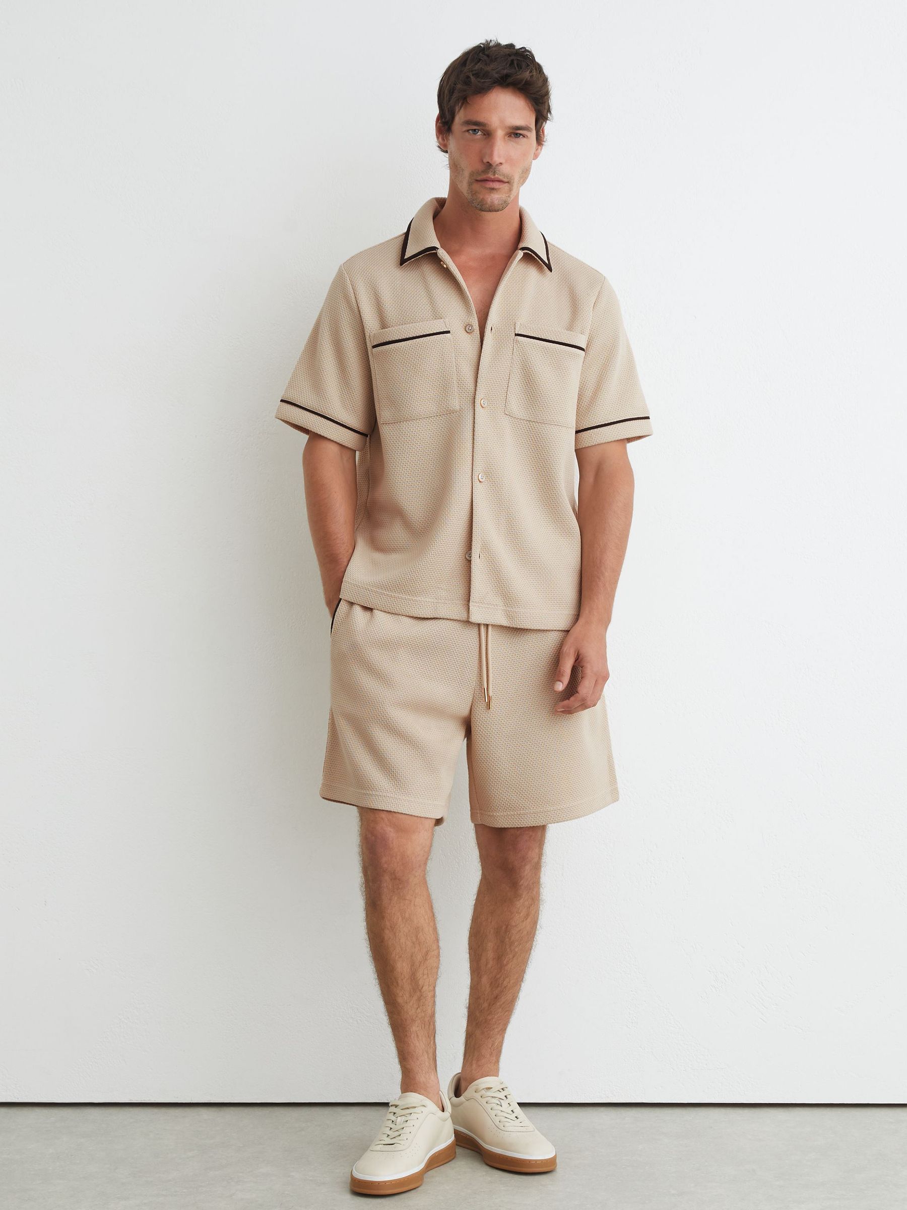 Textured Piped Short-Sleeve Shirt in Stone - Image 4 of 6