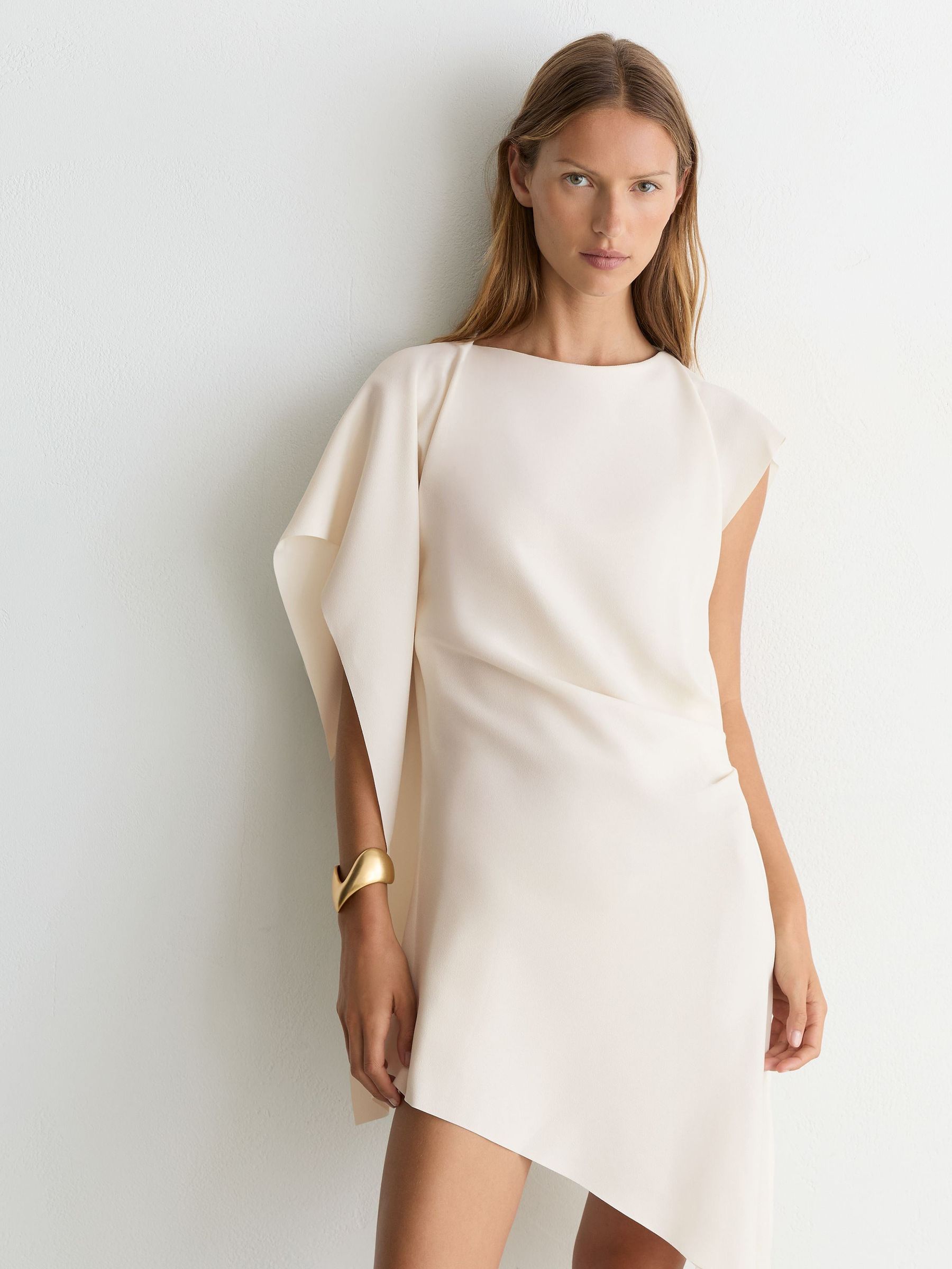 Asymmetric Drape Mini Dress in Ivory - Image 5 de 9