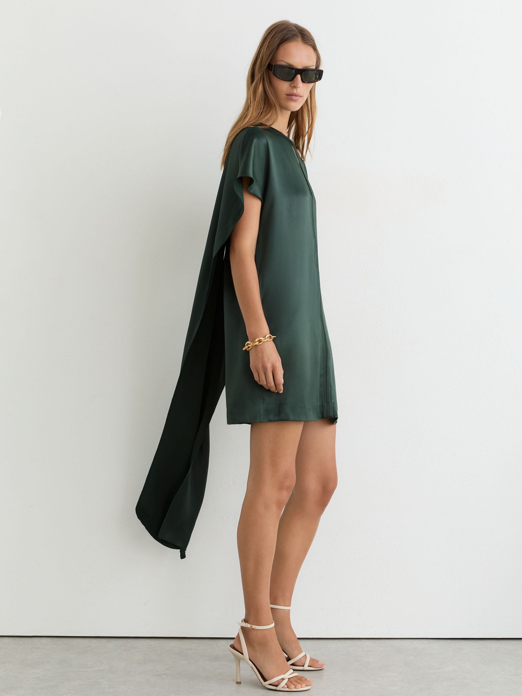 Satin Cape-Detail Mini Dress in Teal Green - Obrázek 4 z 7