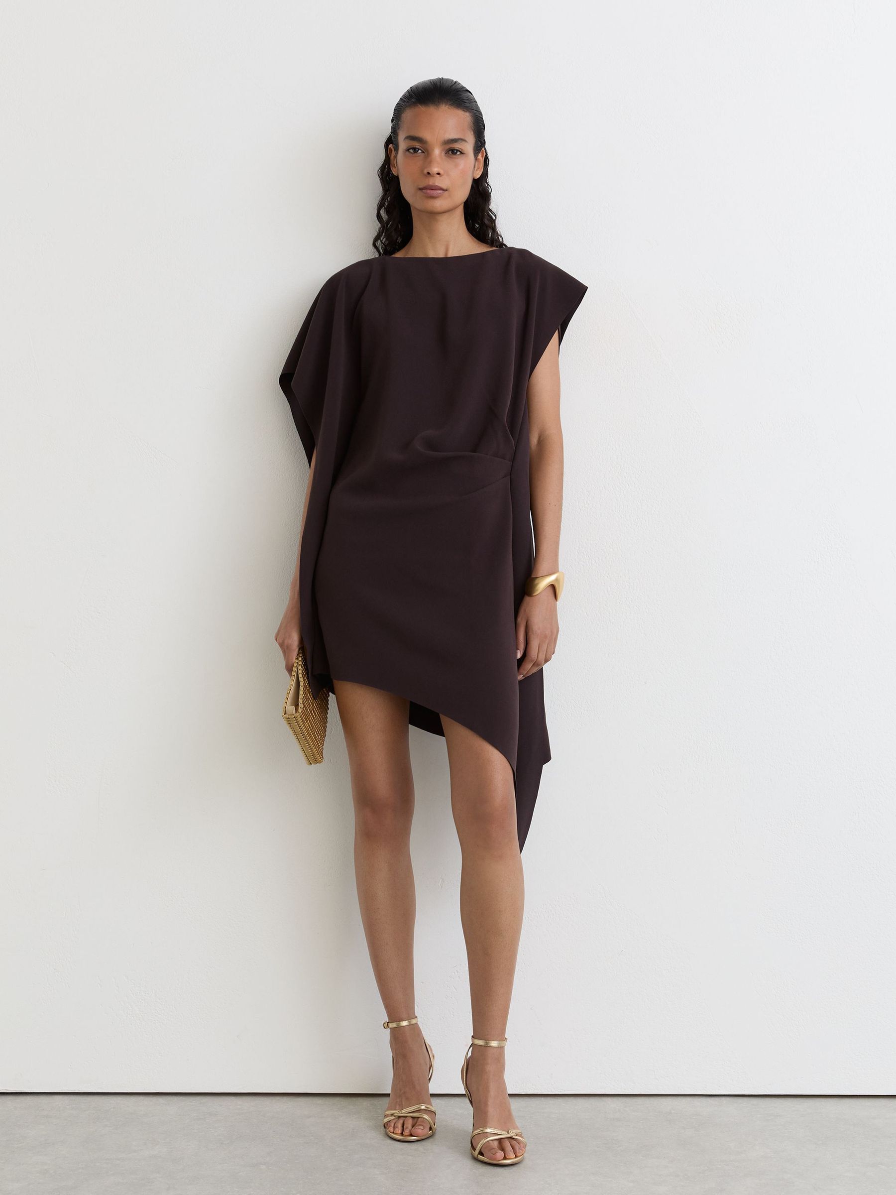 Asymmetric Drape Mini Dress in Grape Burgundy - Image 1 of 8