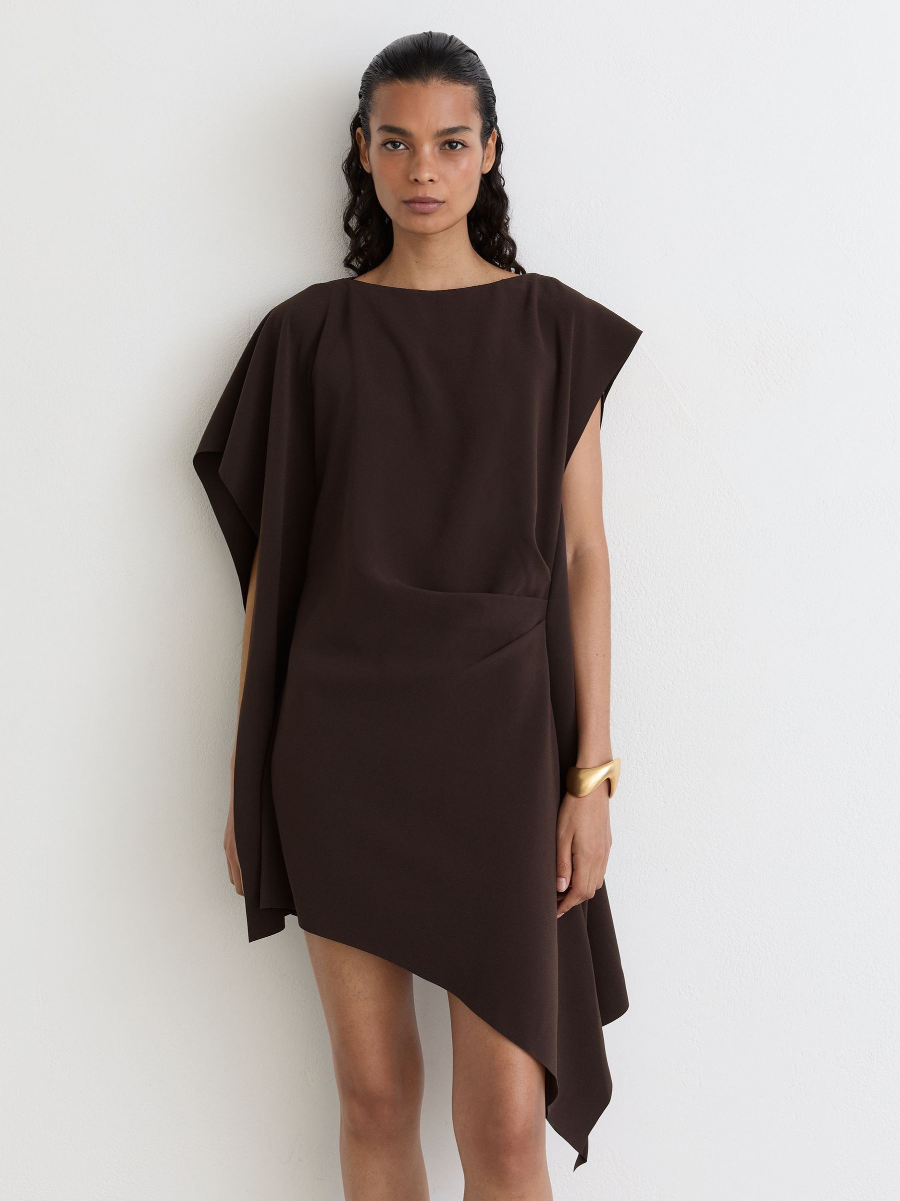 Asymmetric Drape Mini Dress in Grape Burgundy - Image 4 of 8