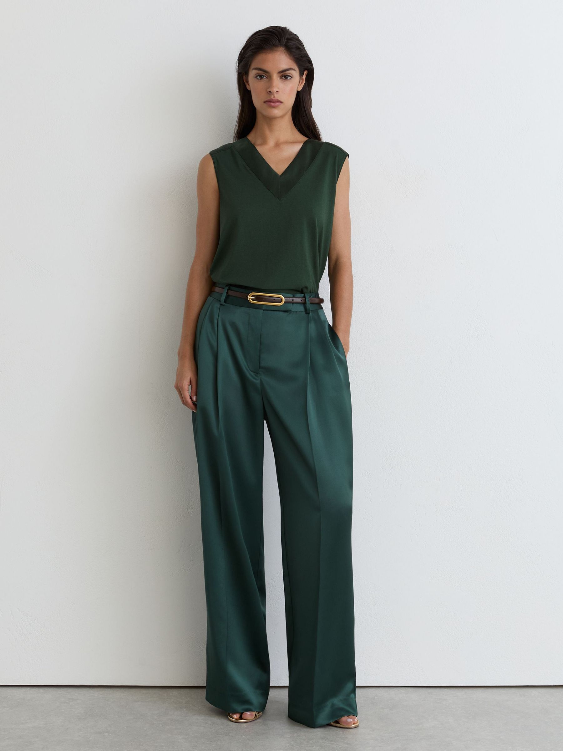 Cotton-Modal Silk-Trim Sleeveless Top in Teal Green - Image 1 of 6