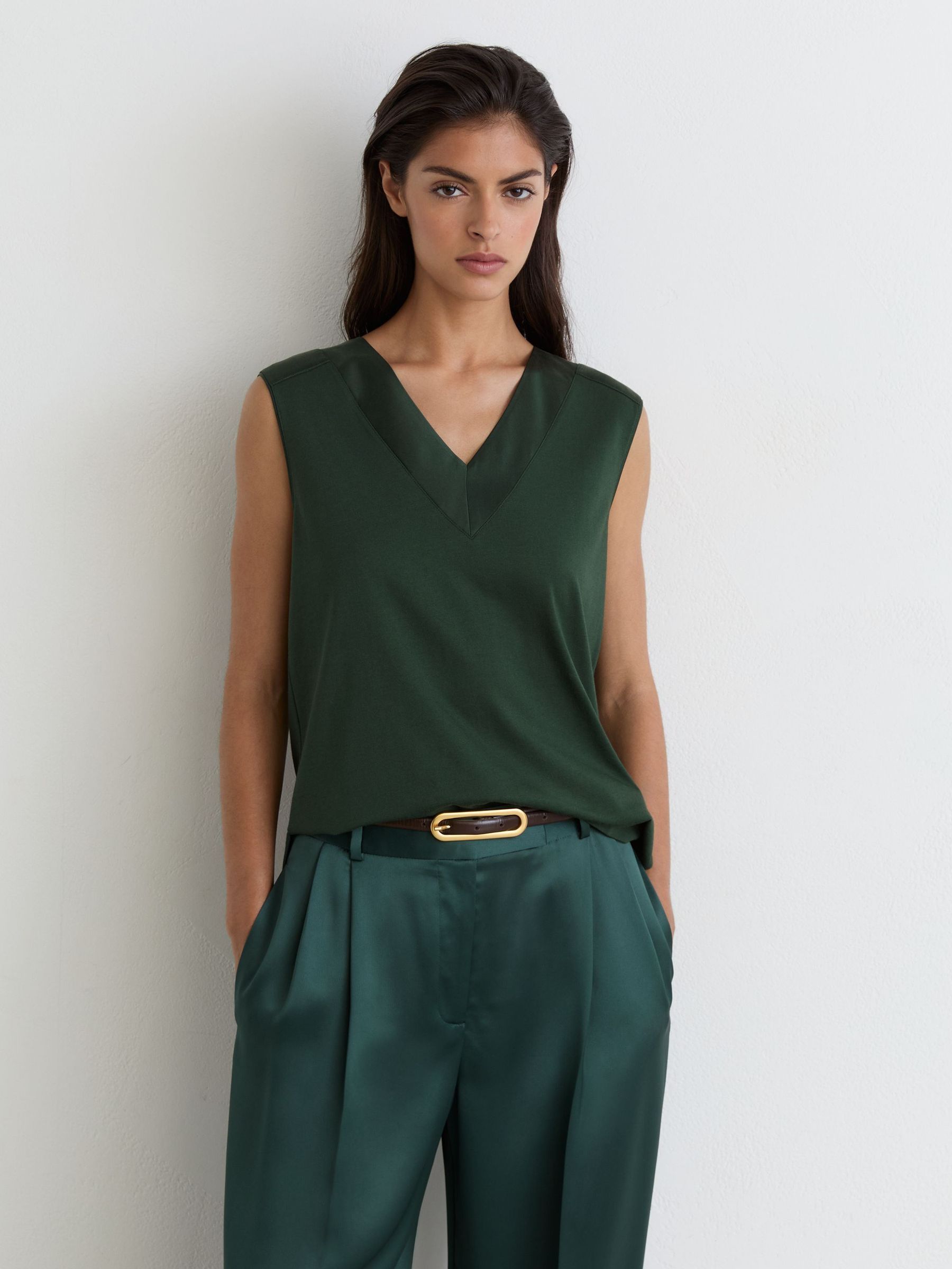 Cotton-Modal Silk-Trim Sleeveless Top in Teal Green - Image 3 of 6