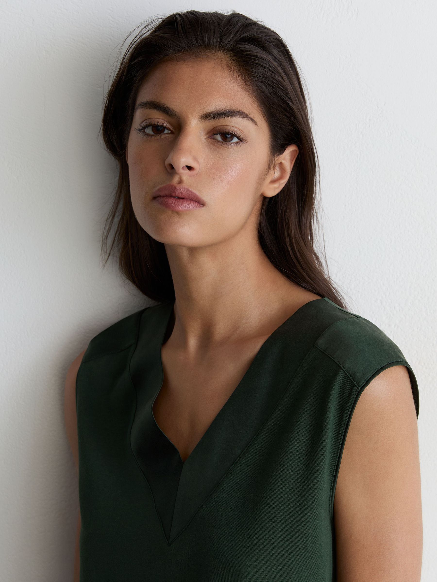 Cotton-Modal Silk-Trim Sleeveless Top in Teal Green - Image 5 of 6
