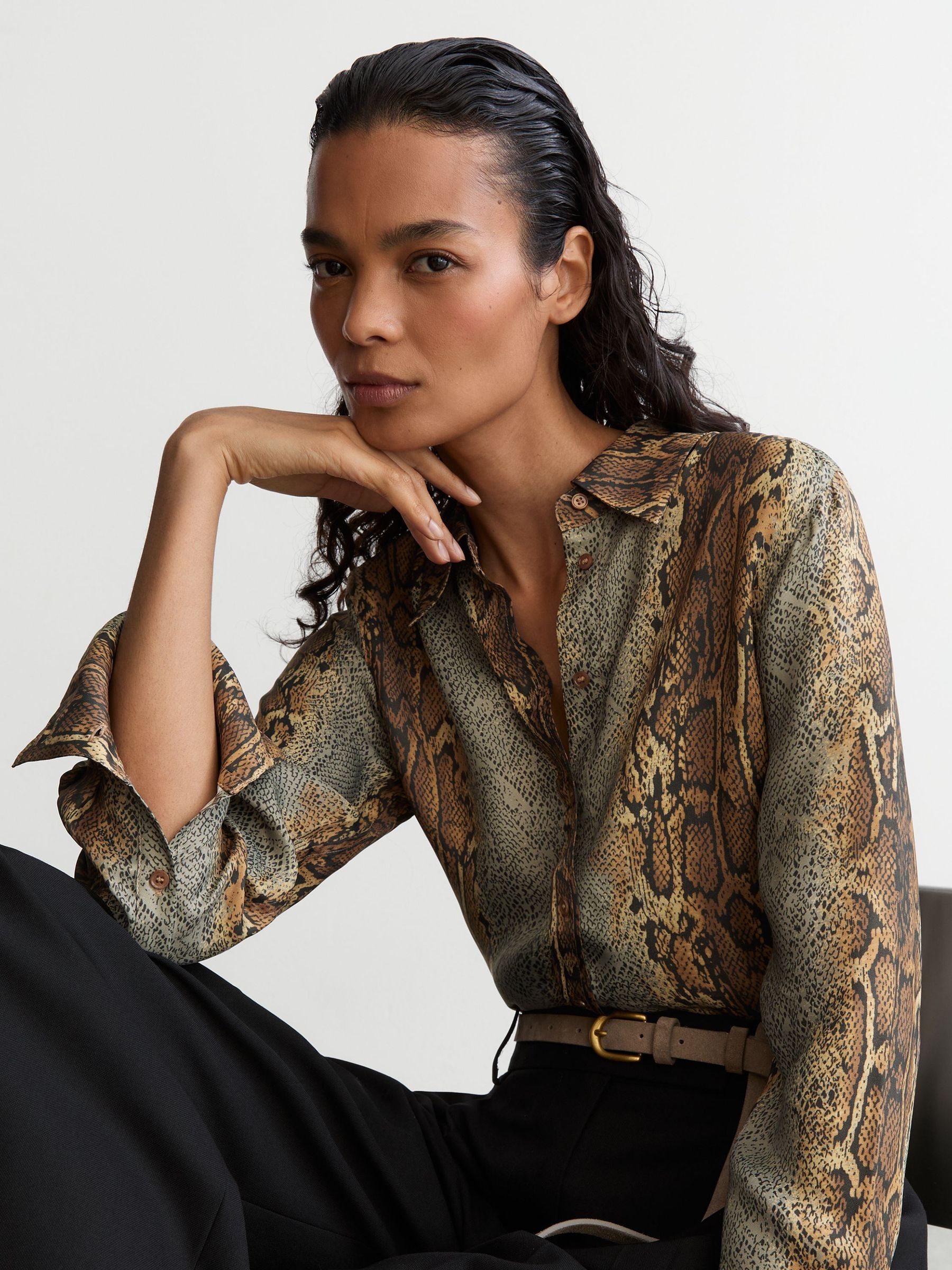 Snakeskin-Print Long-Sleeve Shirt in Neutral/Grey - Image 1 of 7