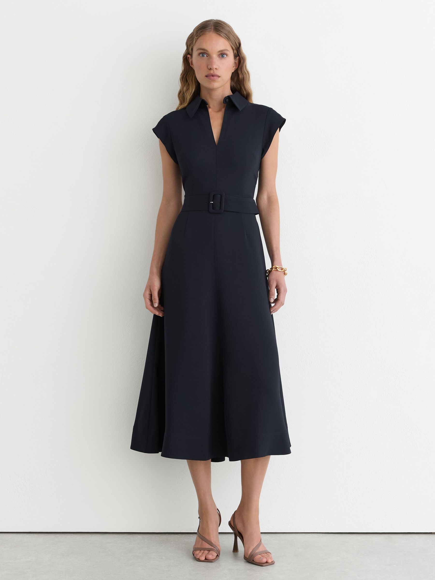 Collared Belted Midi Dress in Navy - Image 1 of 6