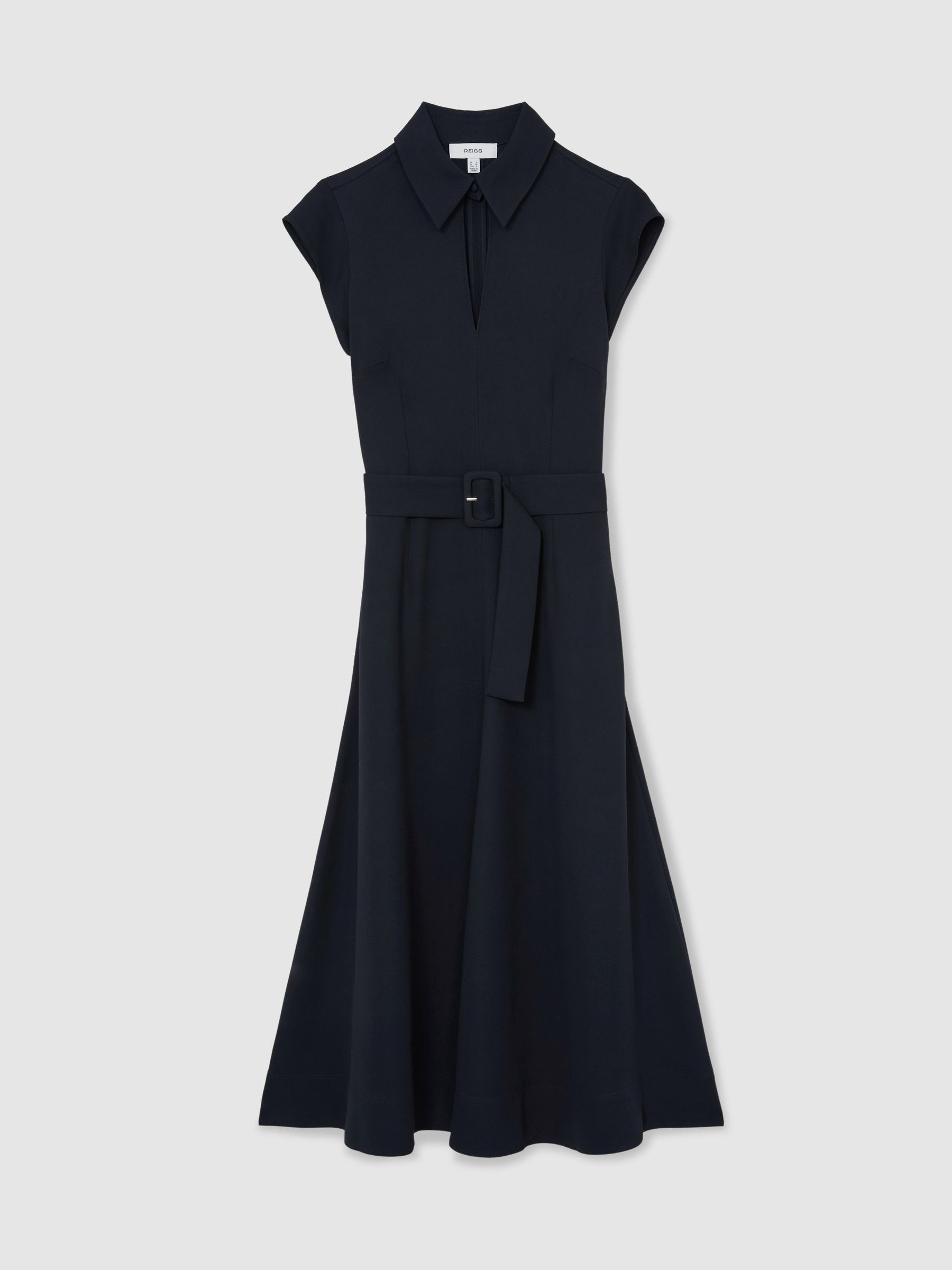 Collared Belted Midi Dress in Navy - Image 2 of 6