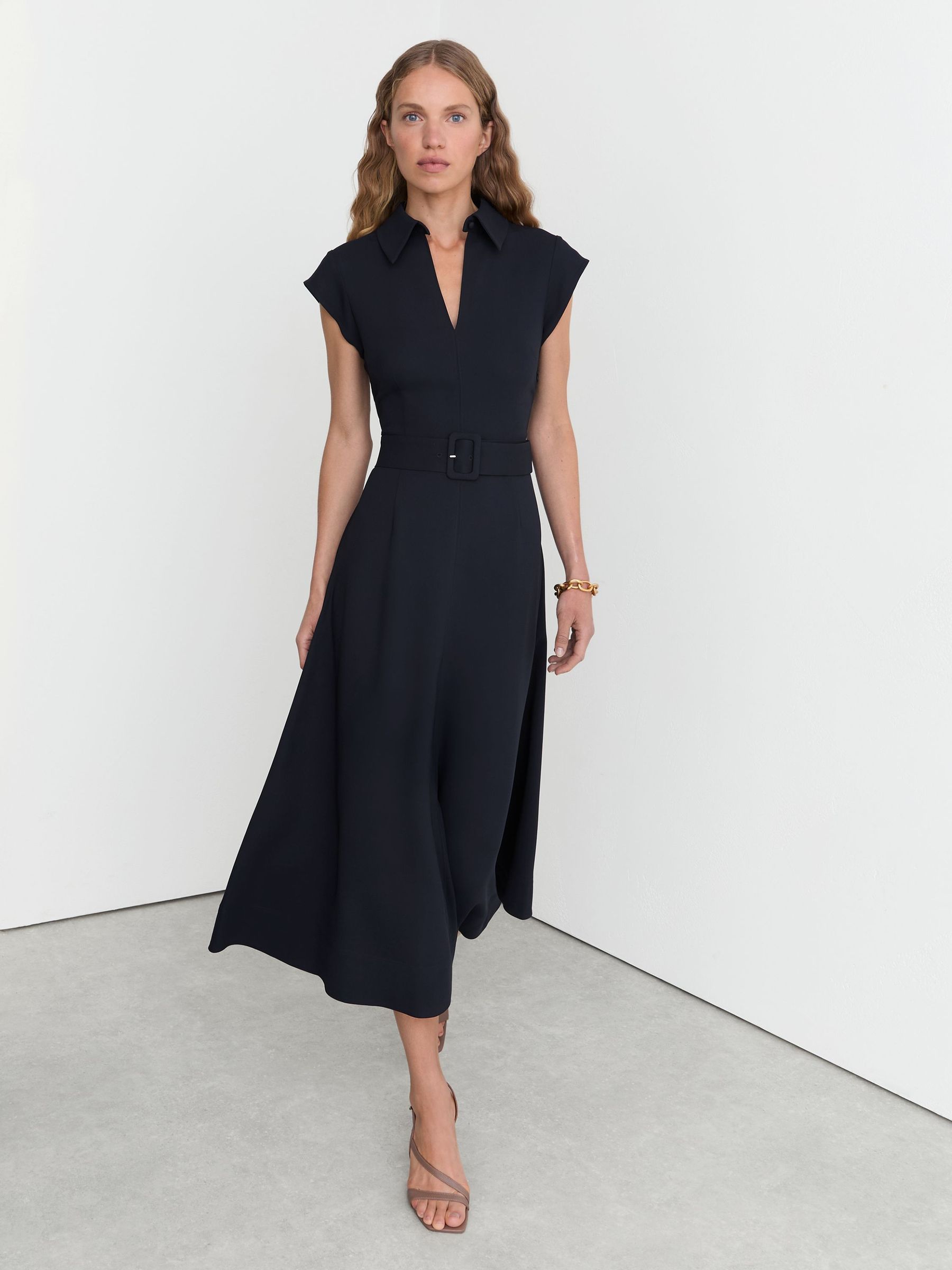 Collared Belted Midi Dress in Navy - image 5