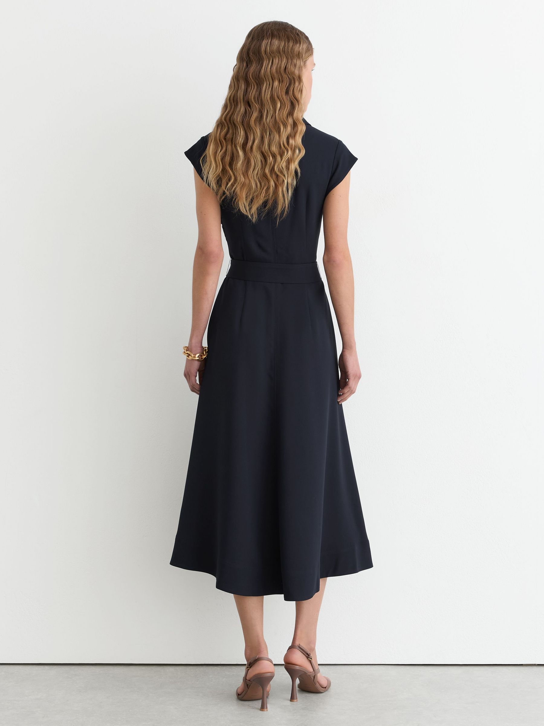 Collared Belted Midi Dress in Navy - Image 5 of 6