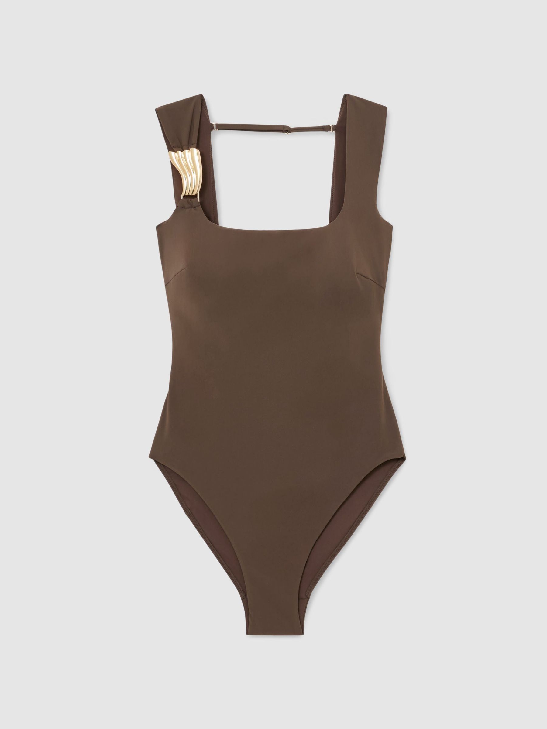Hardware-Detail Square-Neck Swimsuit in Mocha Brown - Image 2 of 6