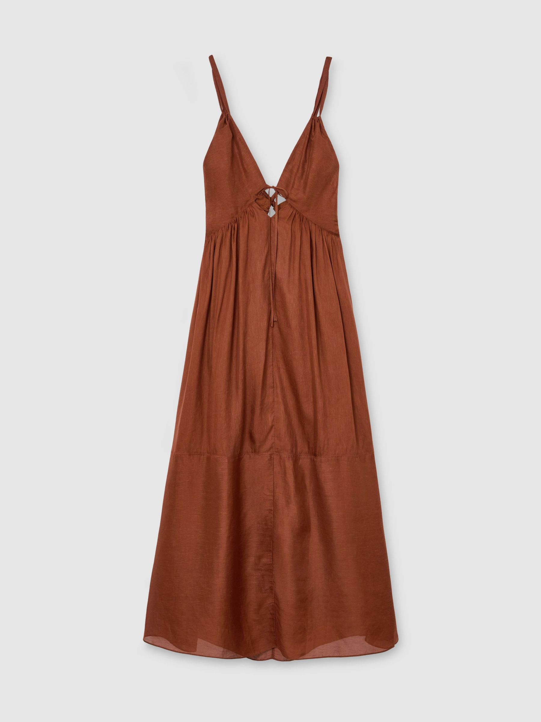 Double-Tie Plunge Maxi Dress with Linen in Toffee Brown - Image 2 of 9