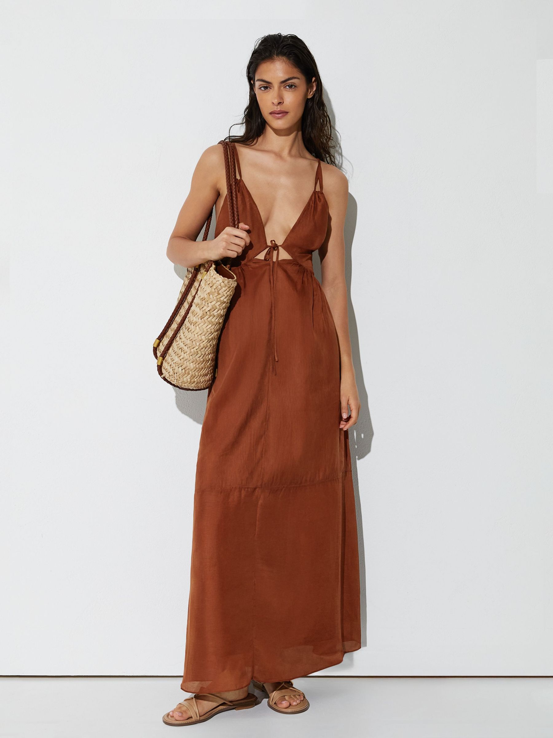 Double-Tie Plunge Maxi Dress with Linen in Toffee Brown - Image 5 of 9