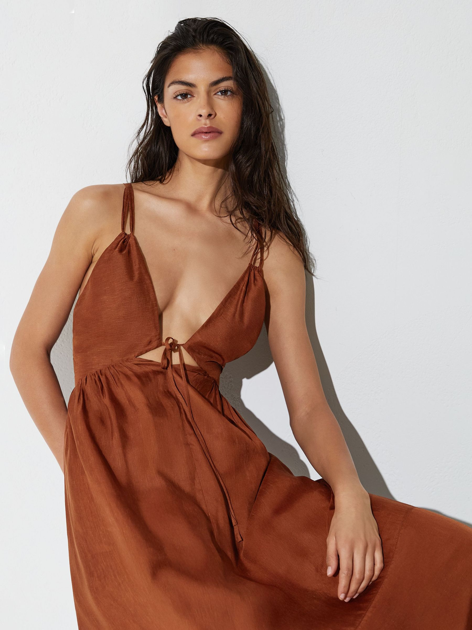 Double-Tie Plunge Maxi Dress with Linen in Toffee Brown - Image 7 of 9