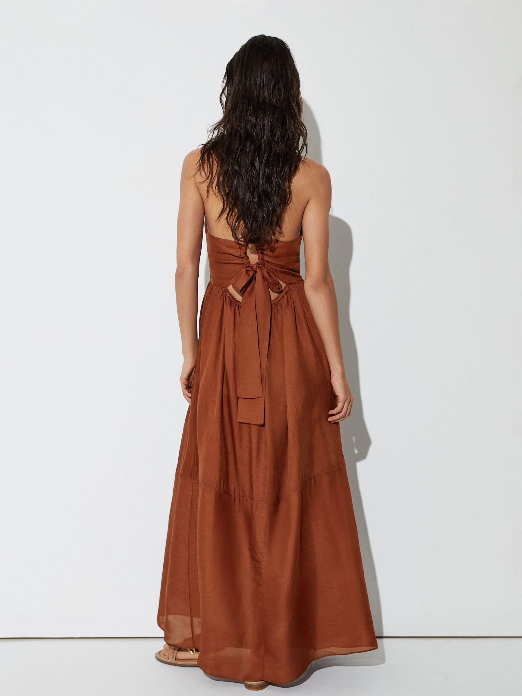 Double-Tie Plunge Maxi Dress with Linen in Toffee Brown - Image 8 of 9