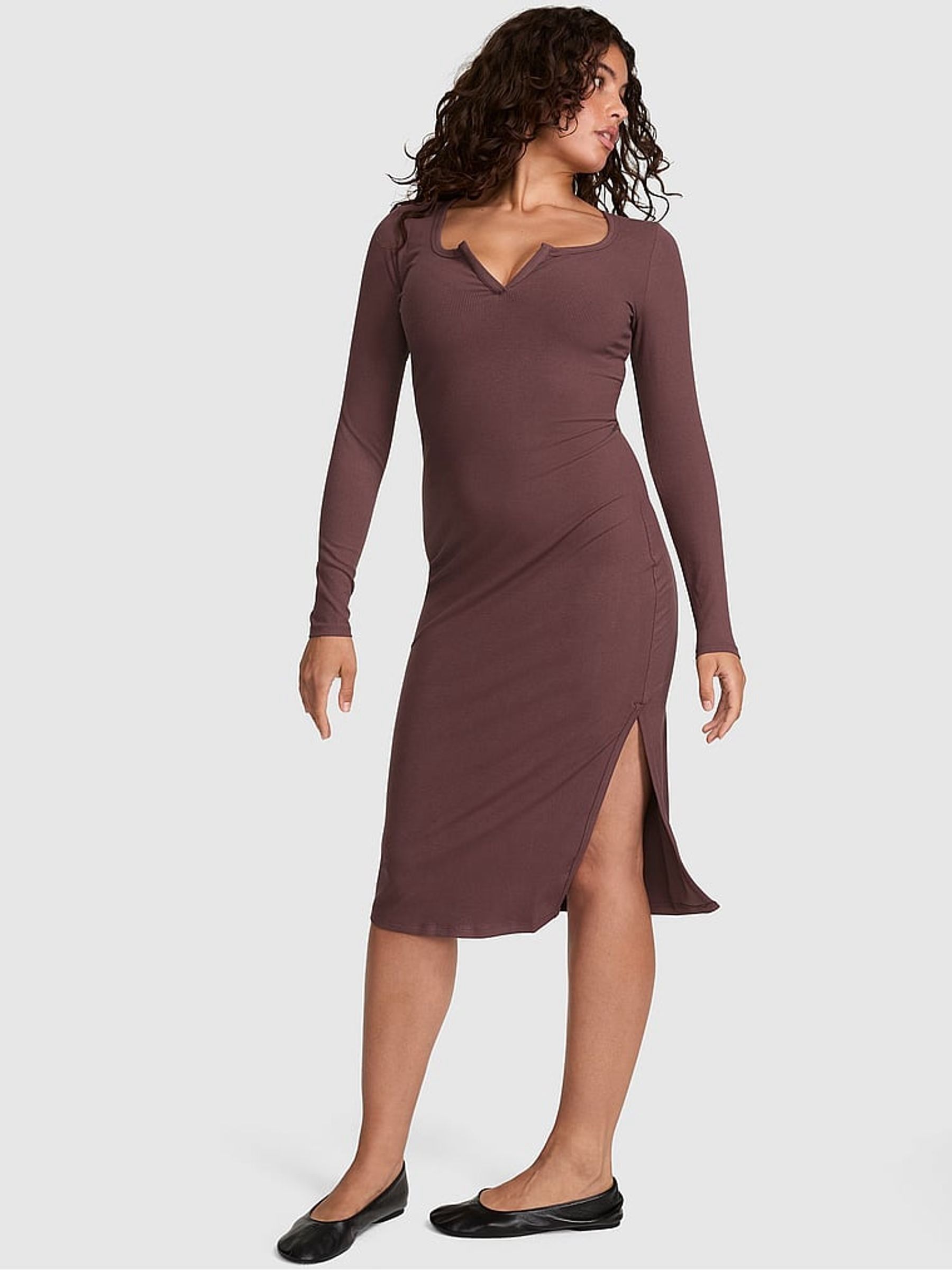 Coco Crush Brown Ribbed Midi Dress - Image 1 of 2