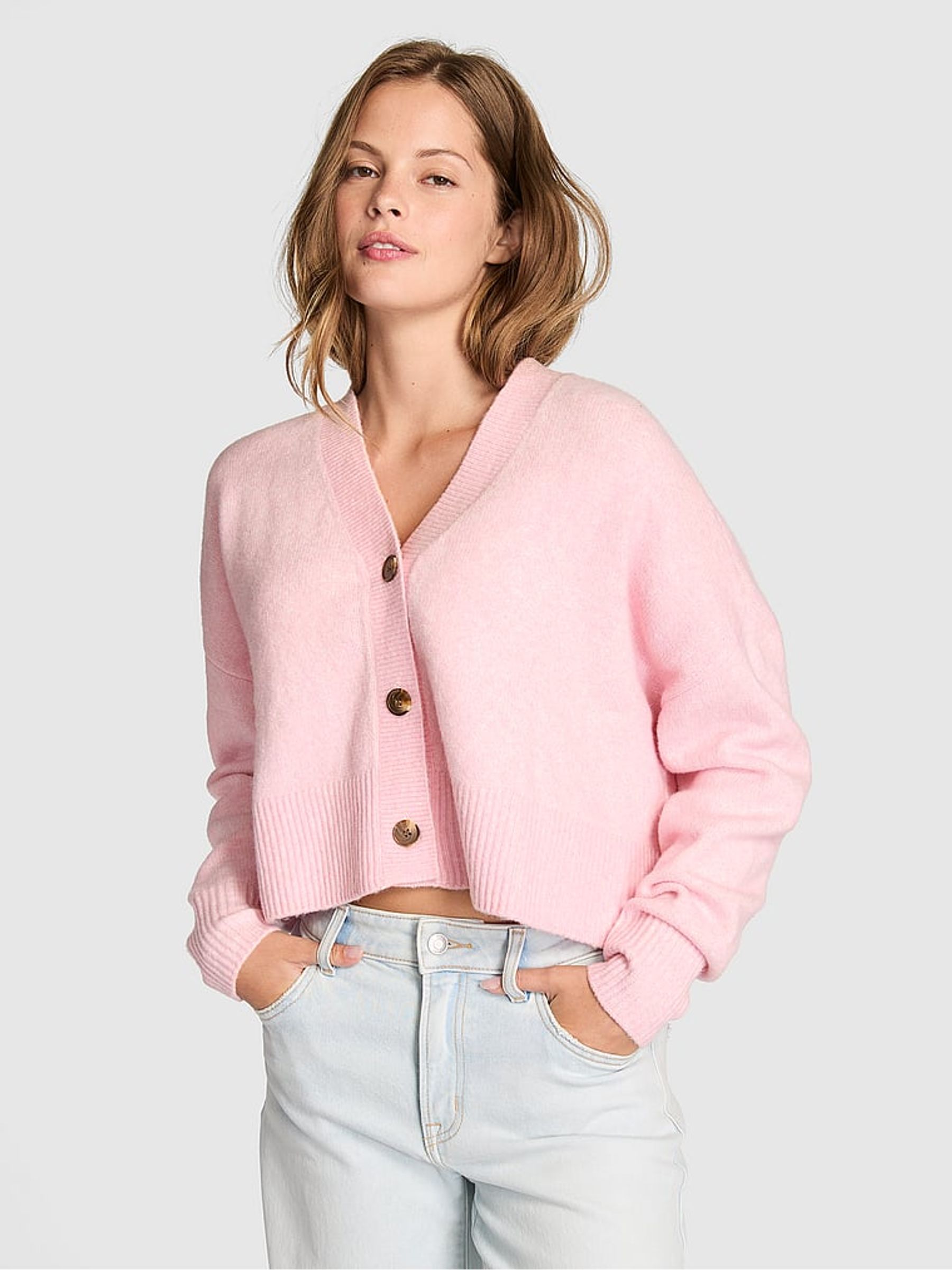 Coconut Pink Cropped V-Neck Cardigan - Image 1 of 2