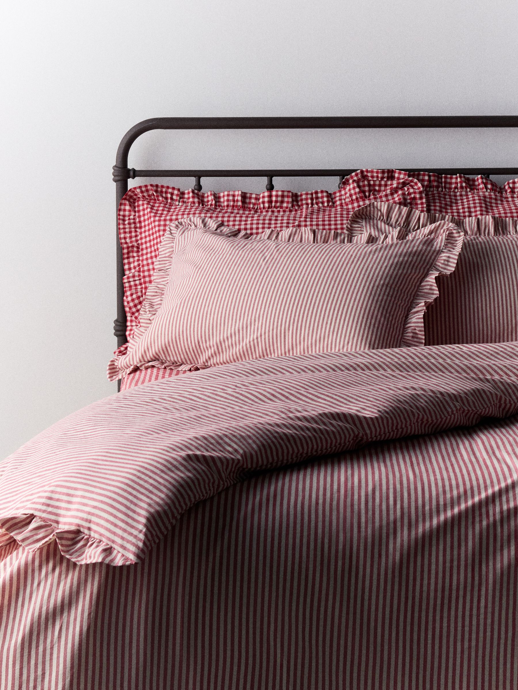 The Set 8 Piece Red Stripe/Gingham Frill Duvet Cover and Pillowcase Set with Fitted Sheets - Image 1 of 4