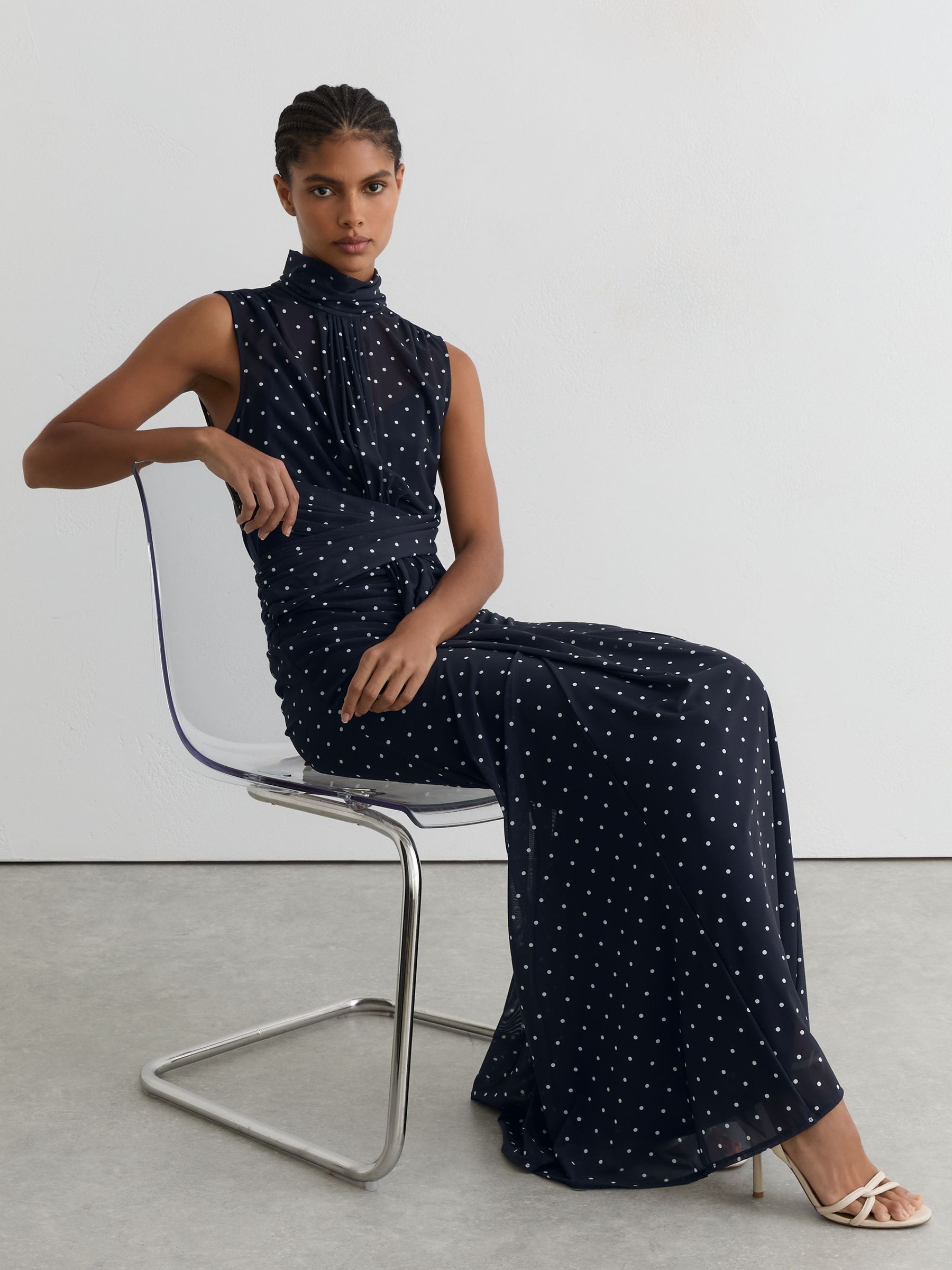 Polka-Dot Print Sleeveless Maxi Dress in Navy/Ivory - Image 1 of 7