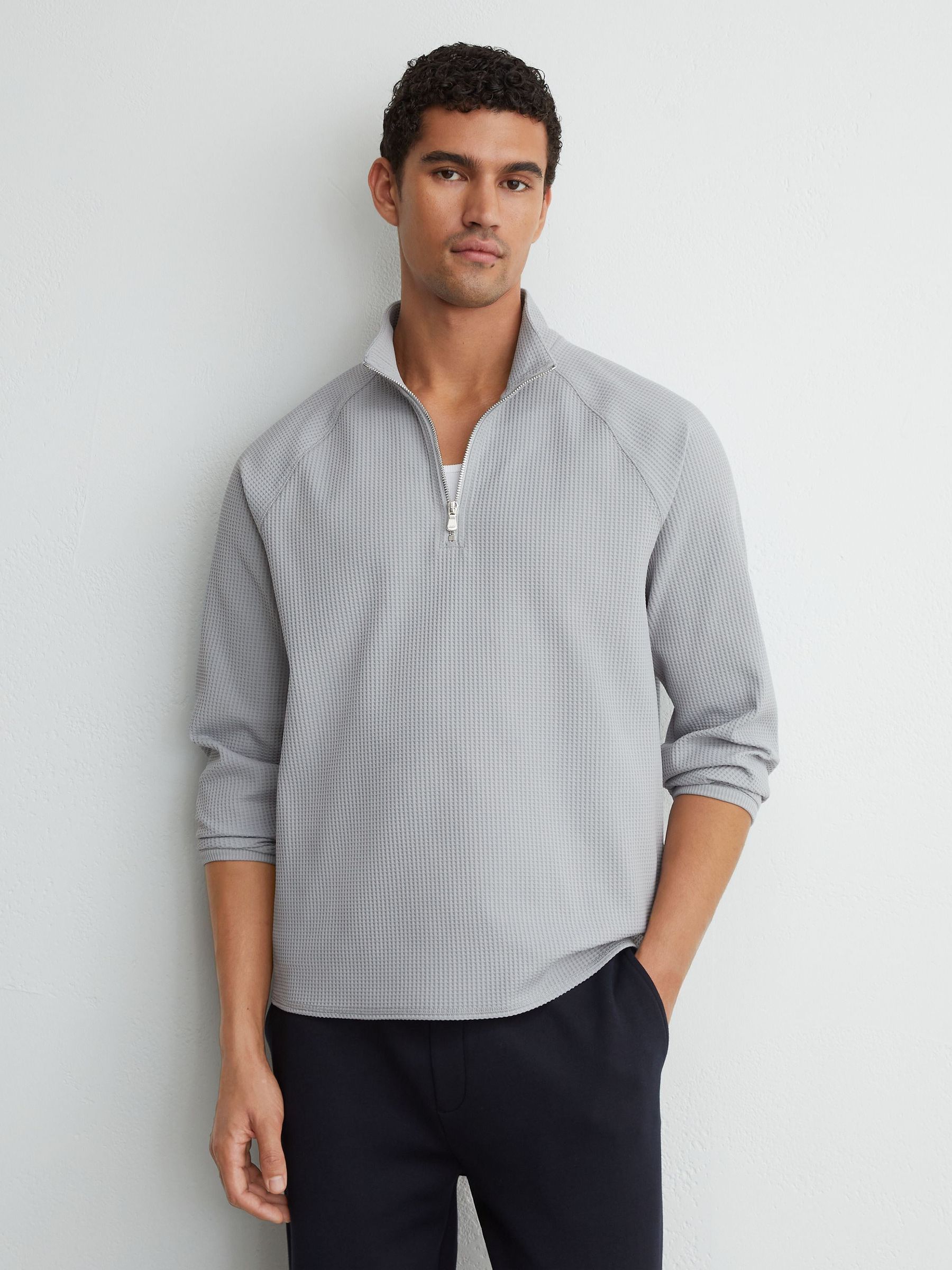 Waffle Half-Zip Funnel-Neck Sweatshirt in Soft Blue - Image 3 of 7