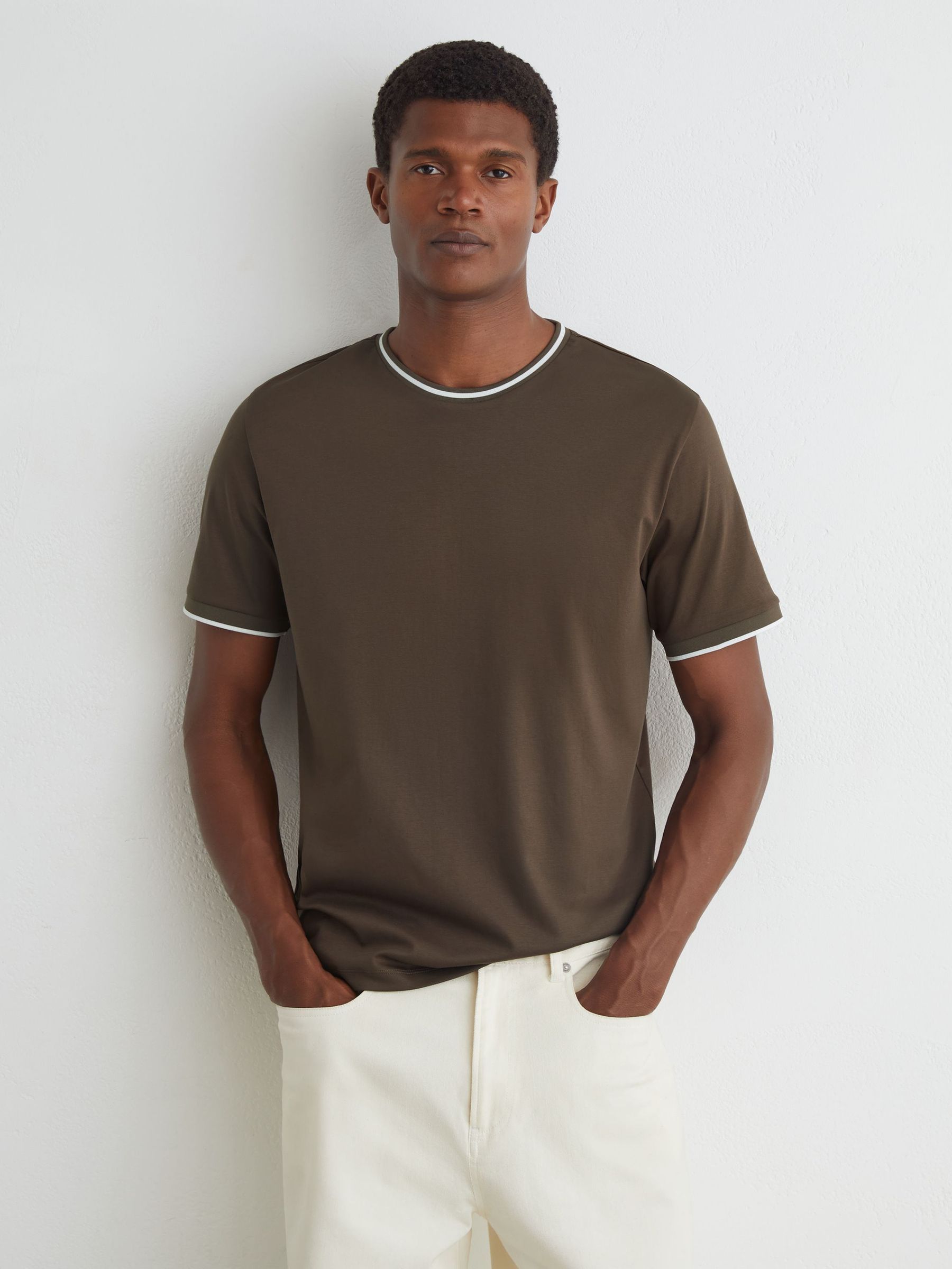 Air-Water Cotton Tipped Tailored-Fit T-Shirt in Taupe Brown - Image 1 of 5 Air-Water Cotton Tipped Tailored-Fit T-Shirt in Taupe Brown - Image 1 of 5