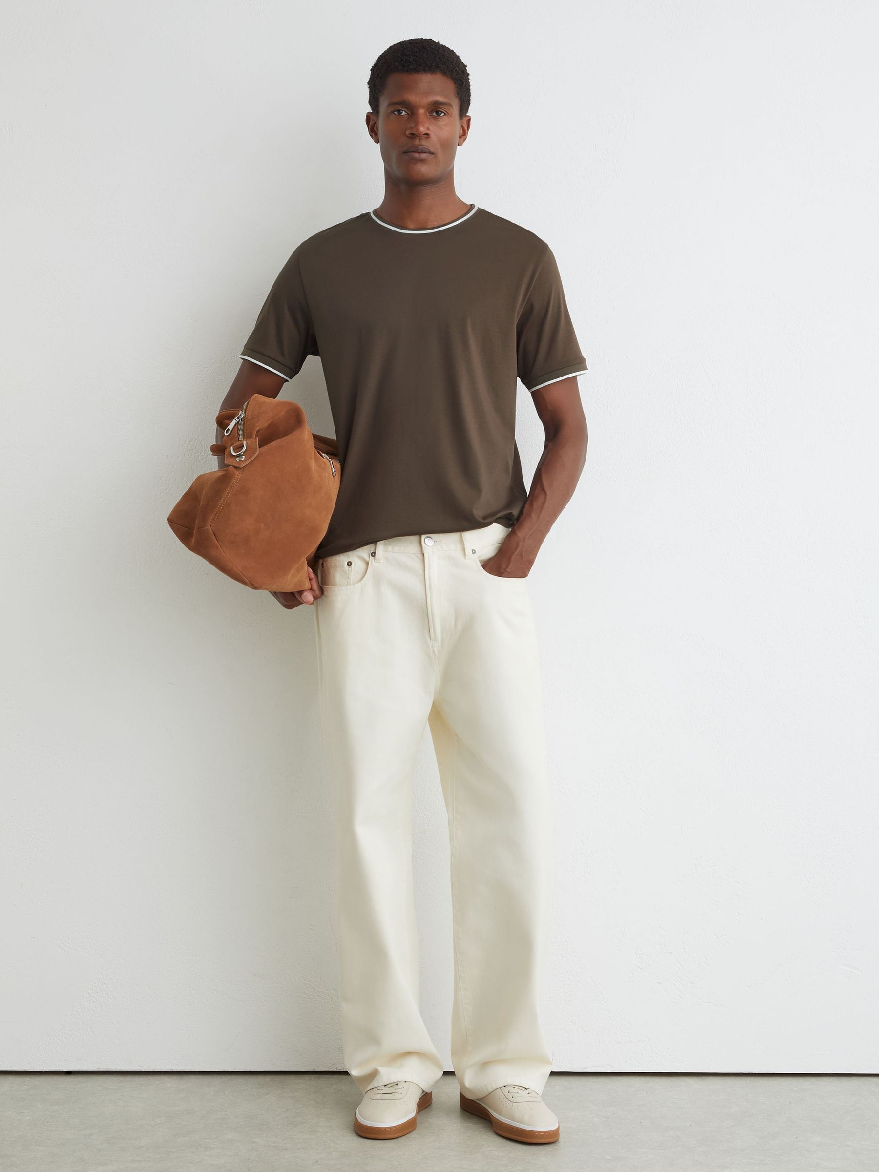 Air-Water Cotton Tipped Tailored-Fit T-Shirt in Taupe Brown - Image 3 of 5
