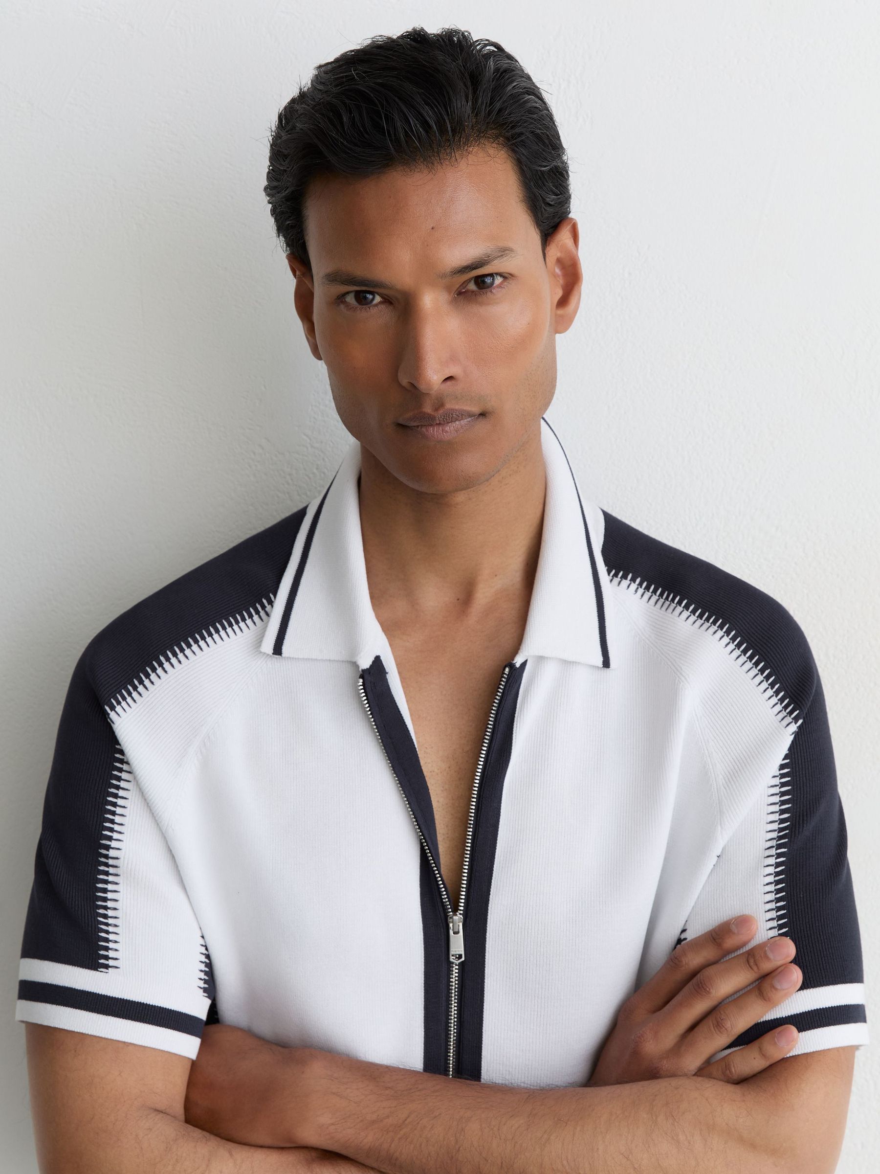 Colour-Block Zip-Through Knit Shirt in Optic White/Navy - Image 1 of 5