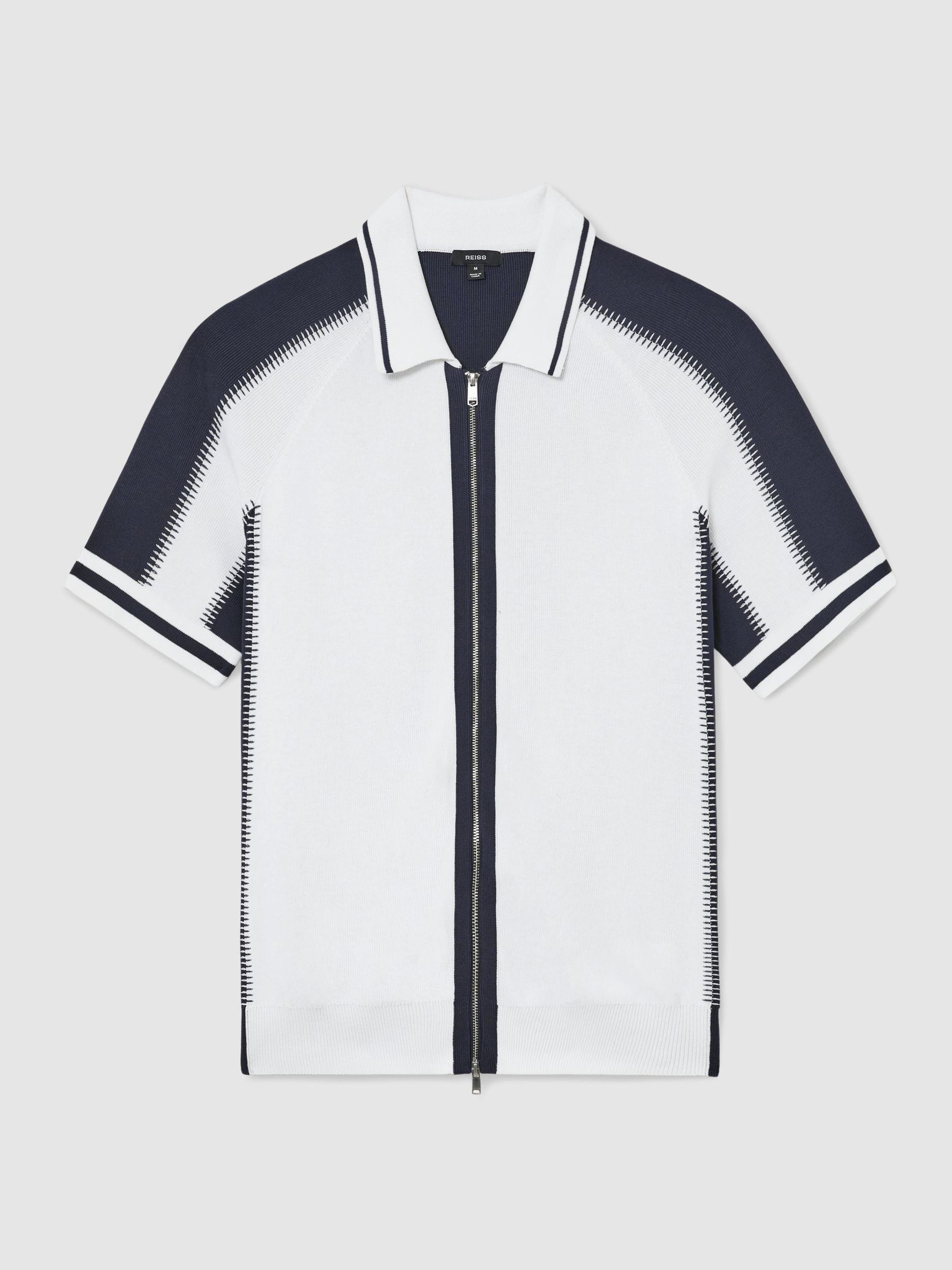 Colour-Block Zip-Through Knit Shirt in Optic White/Navy - Image 2 of 5