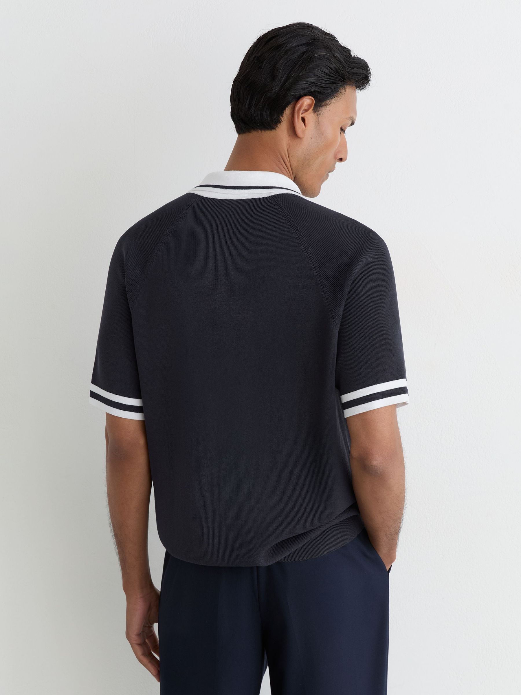 Colour-Block Zip-Through Knit Shirt in Optic White/Navy - Image 3 of 5