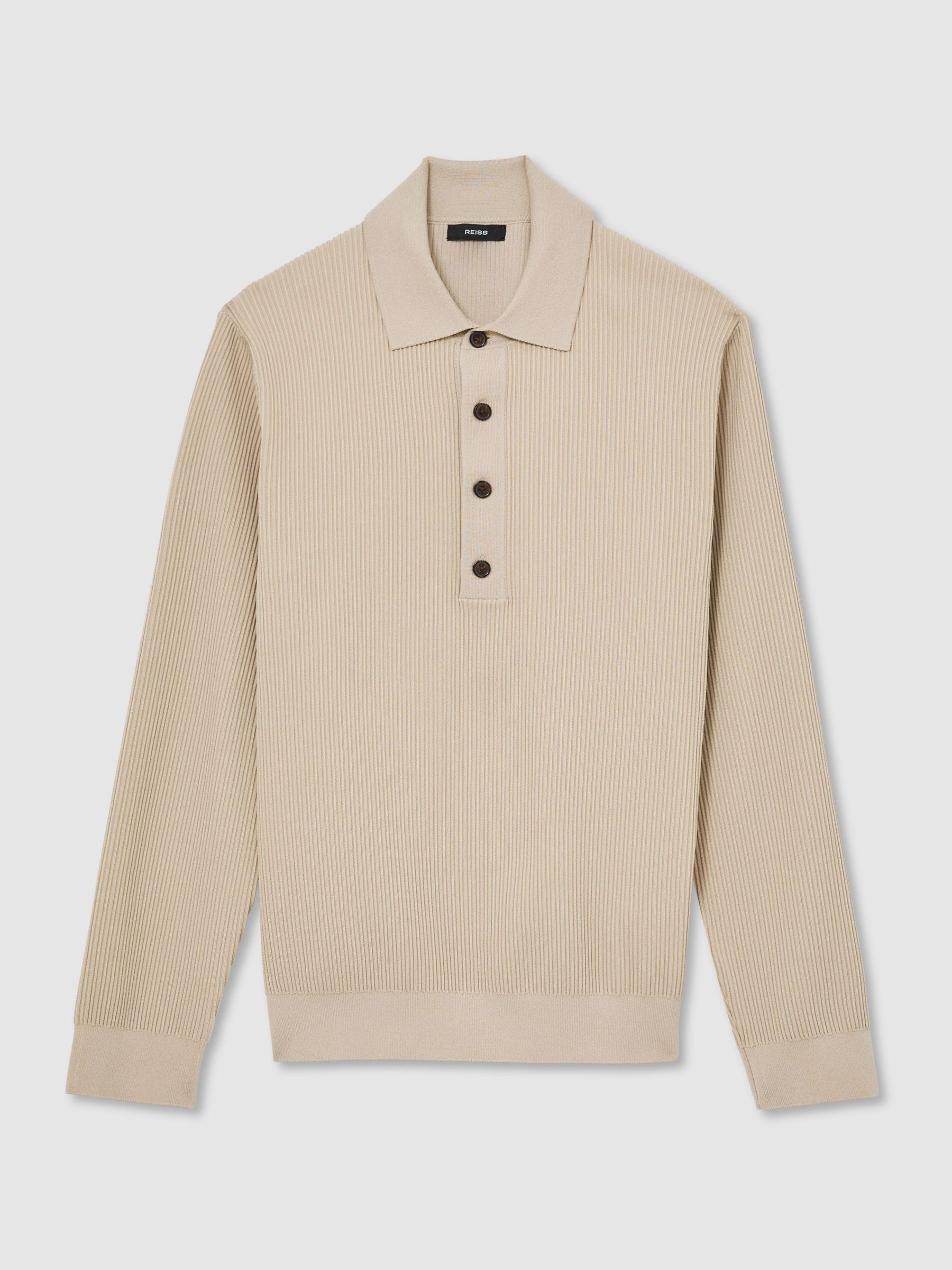 Ribbed Half-Button Polo Shirt in Stone - Image 2 of 7
