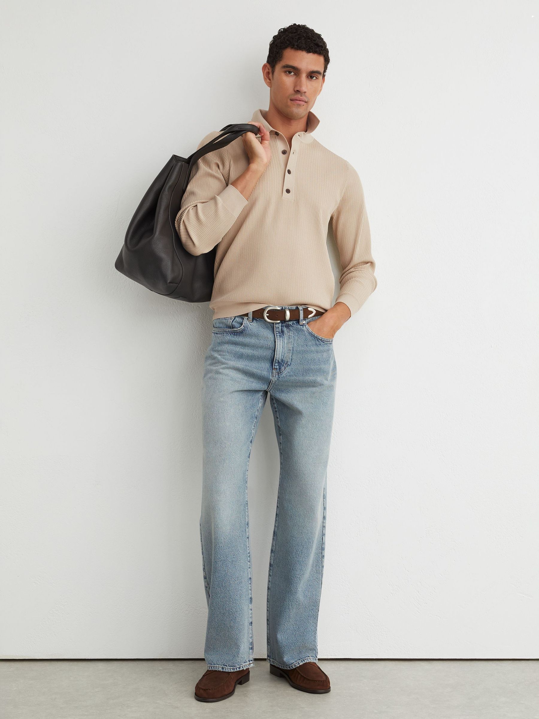 Ribbed Half-Button Polo Shirt in Stone - Image 3 of 7