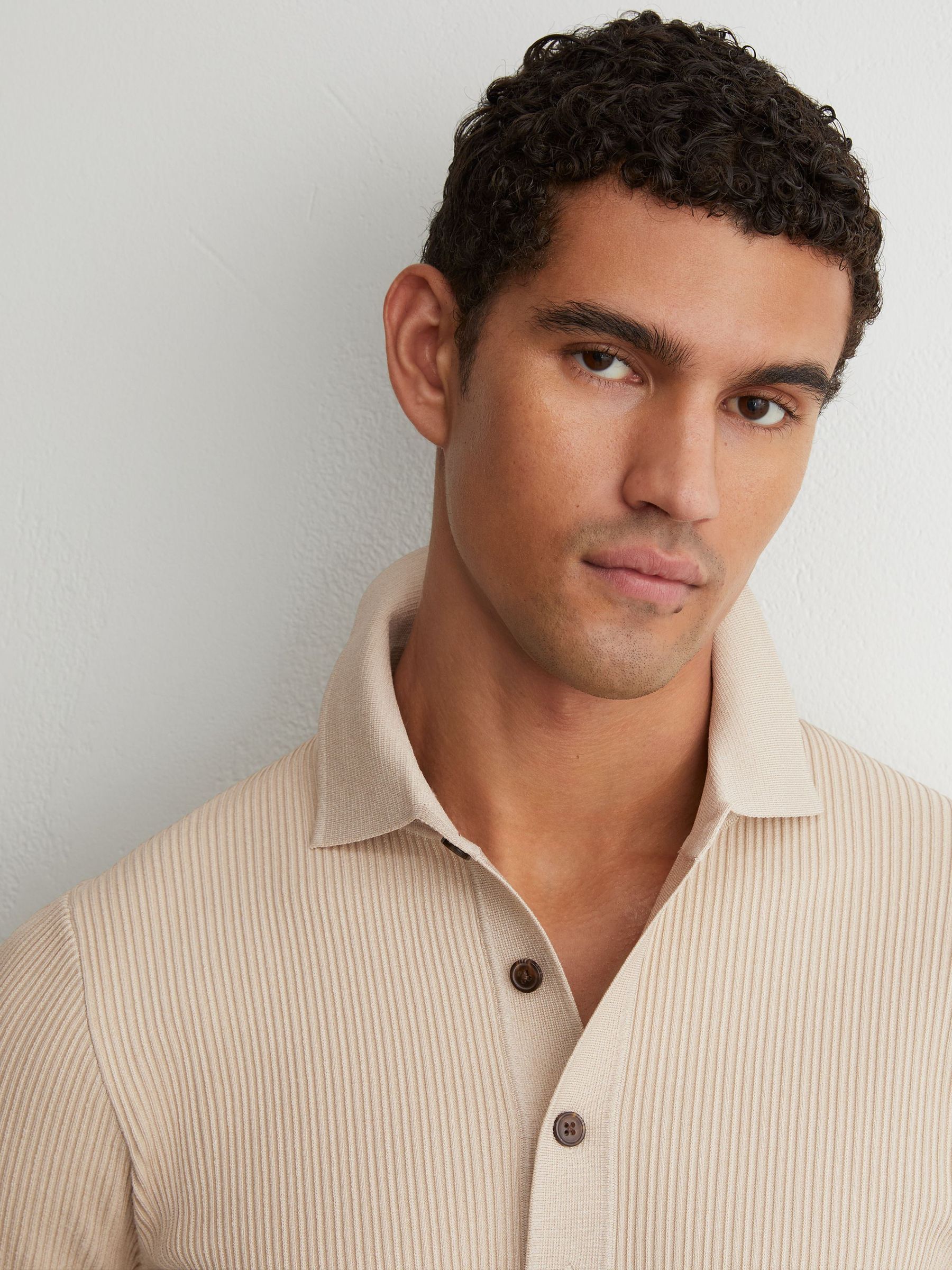 Ribbed Half-Button Polo Shirt in Stone - Image 4 of 7