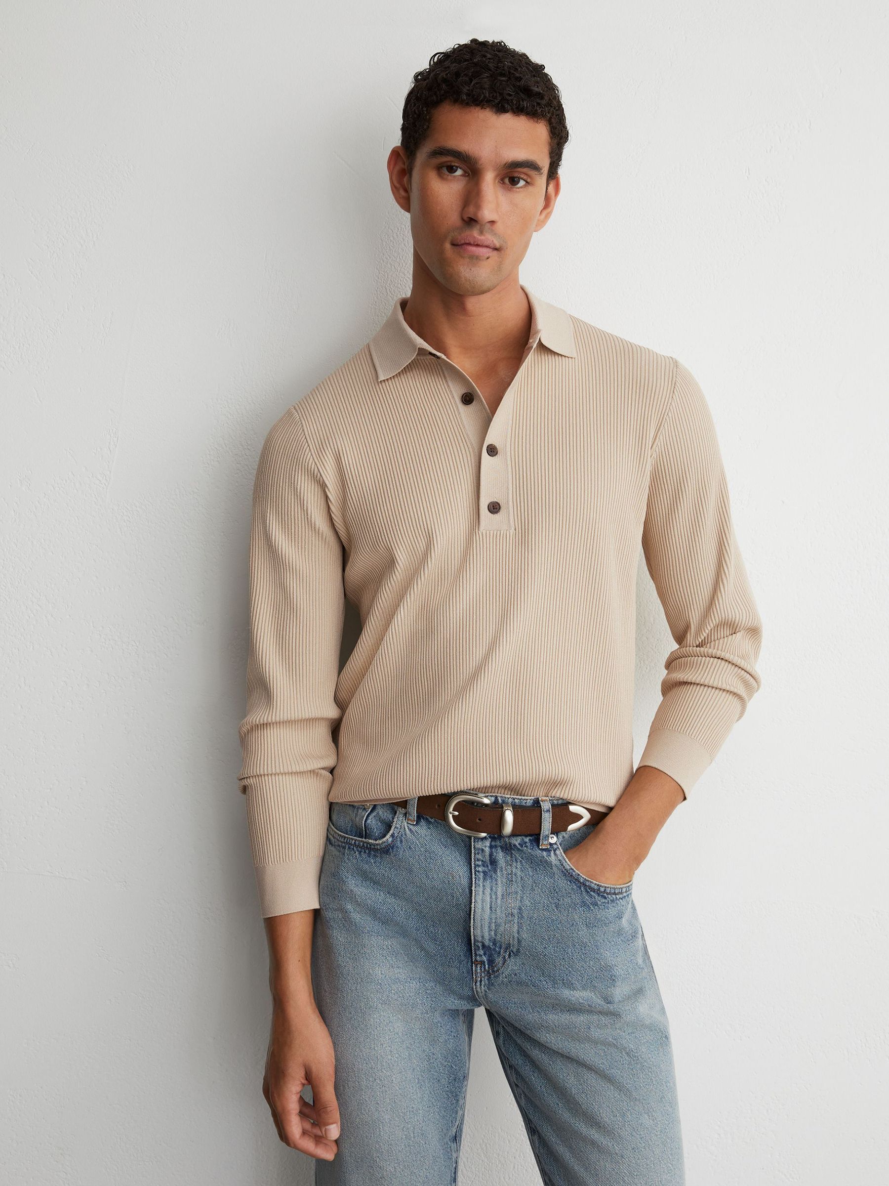 Ribbed Half-Button Polo Shirt in Stone - Image 5 of 7