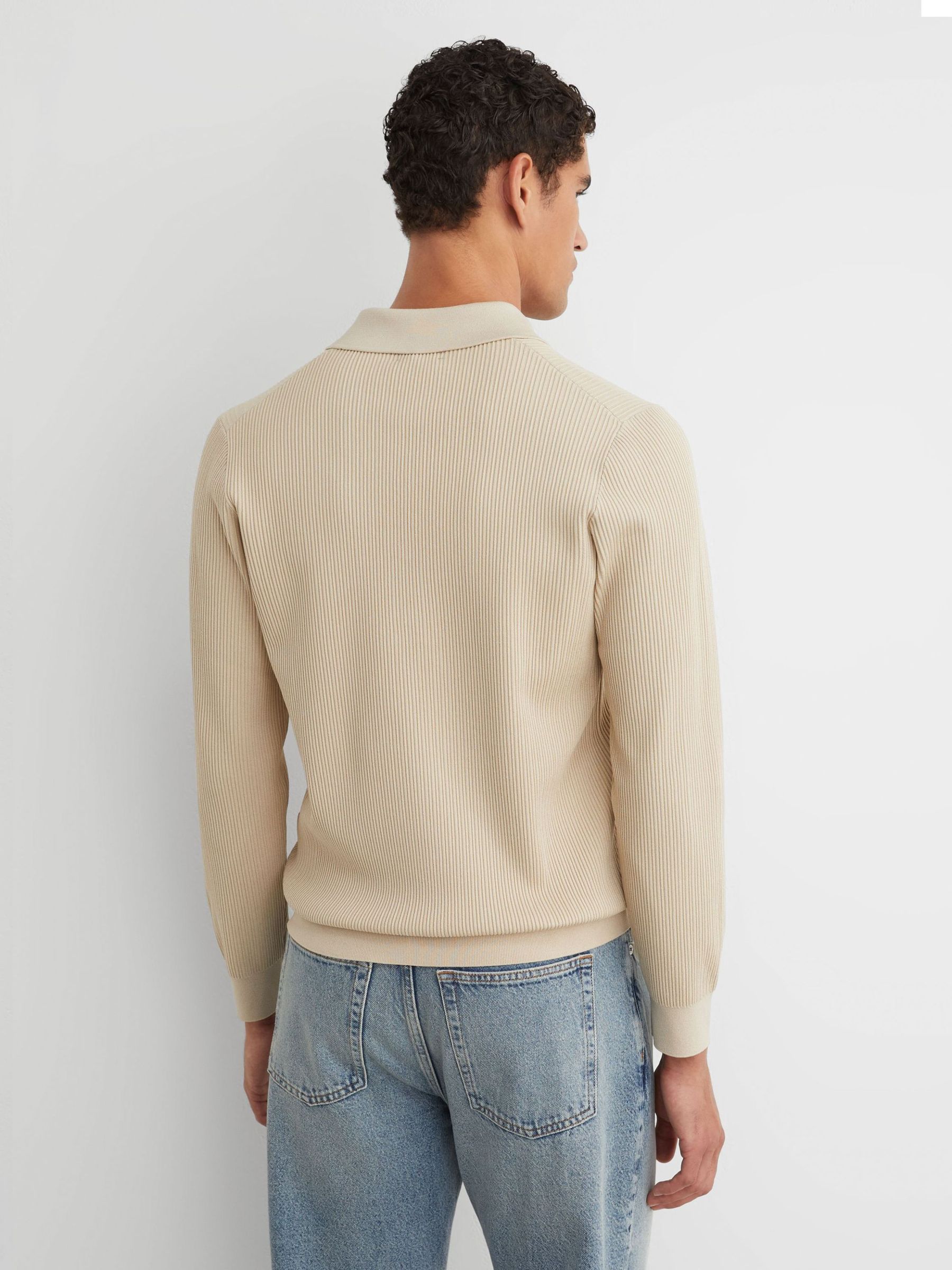 Ribbed Half-Button Polo Shirt in Stone - Image 6 of 7