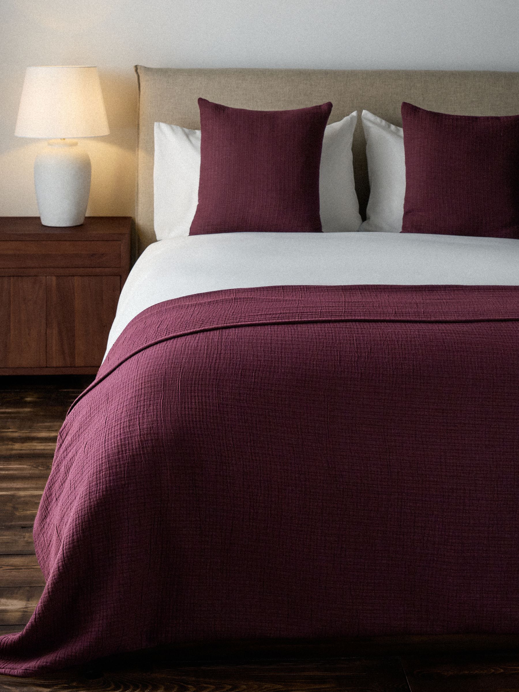 The Set 3 Piece Burgundy Crinkle Muslin Throw and Cushion Covers - Image 1 of 4 The Set 3 Piece Burgundy Crinkle Muslin Throw and Cushion Covers - Image 1 of 4
